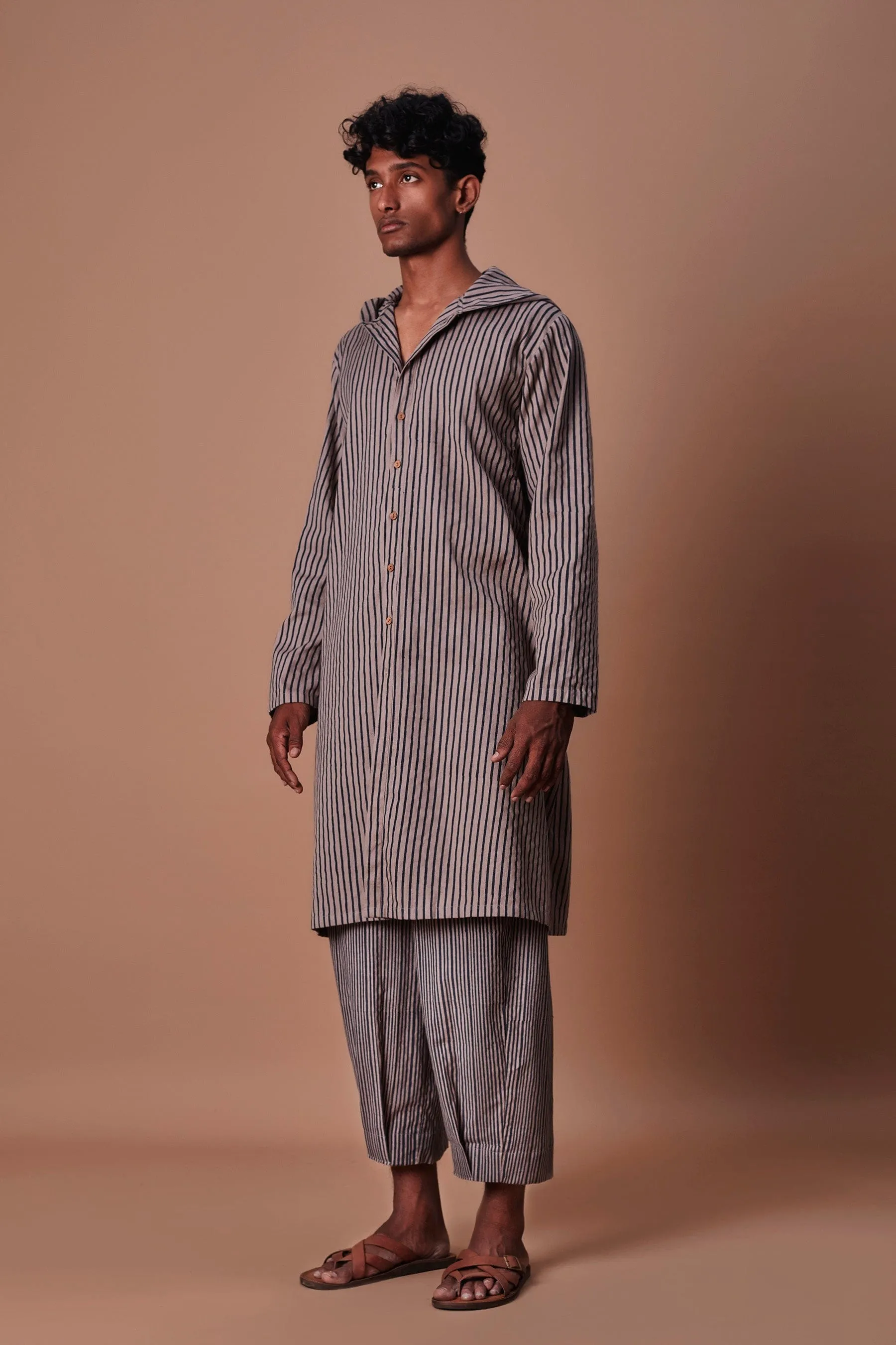 Mati Men's Brown Hooded Striped Kurta