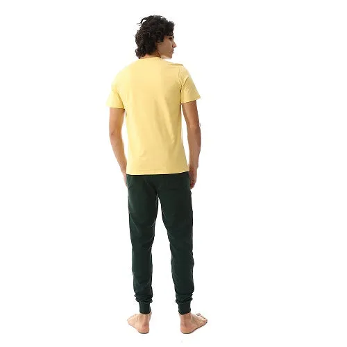 Men's summer pajama, Yellow T-shirt with Sun Design and dark Green Pants