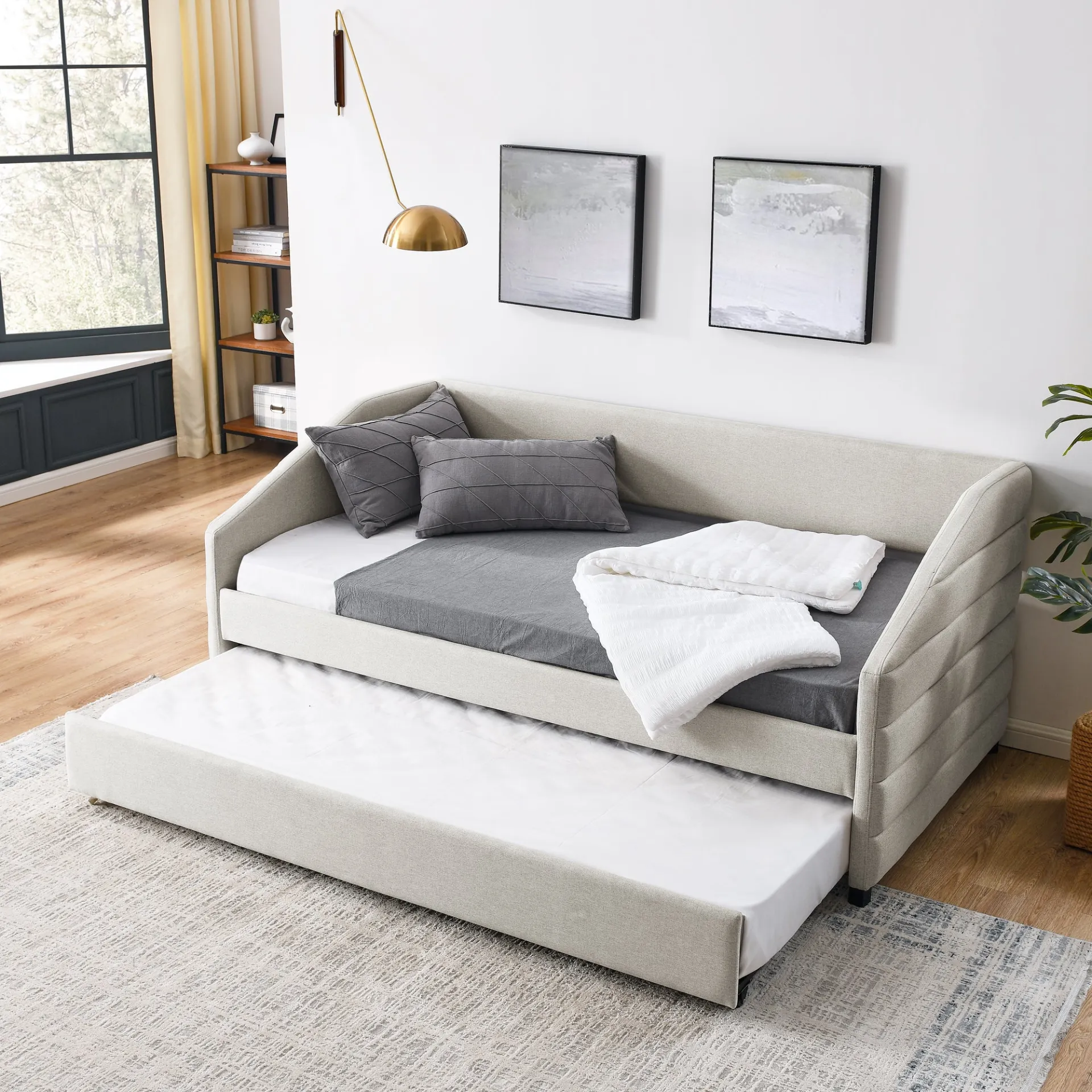 Modern Beige Italian Twin Size Daybed with Trundle Upholstered Tufted Sofa Bed