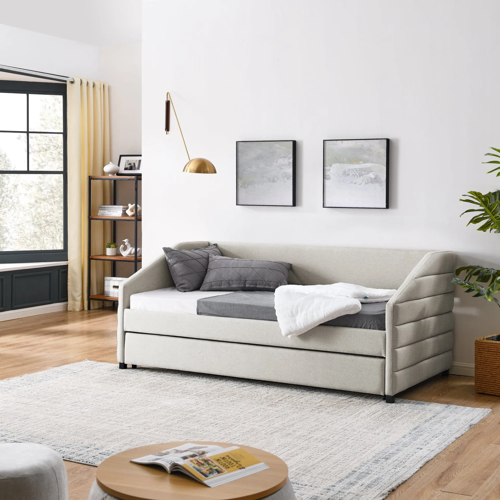 Modern Beige Italian Twin Size Daybed with Trundle Upholstered Tufted Sofa Bed