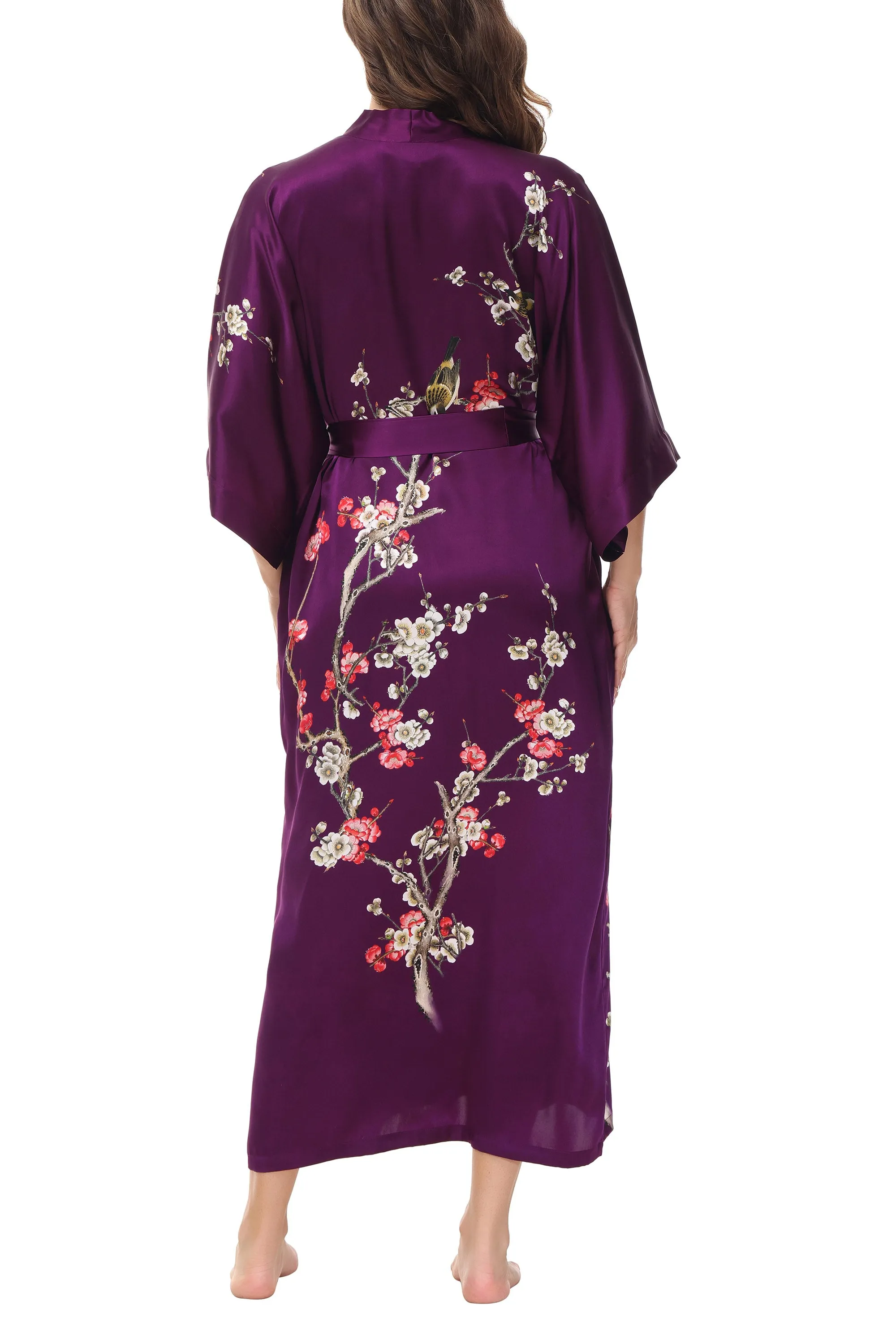 OSCAR ROSSA Women's Silk Sleepwear 100% Silk Charmeuse Long Robe Kimono, Plum Blossom & Bird