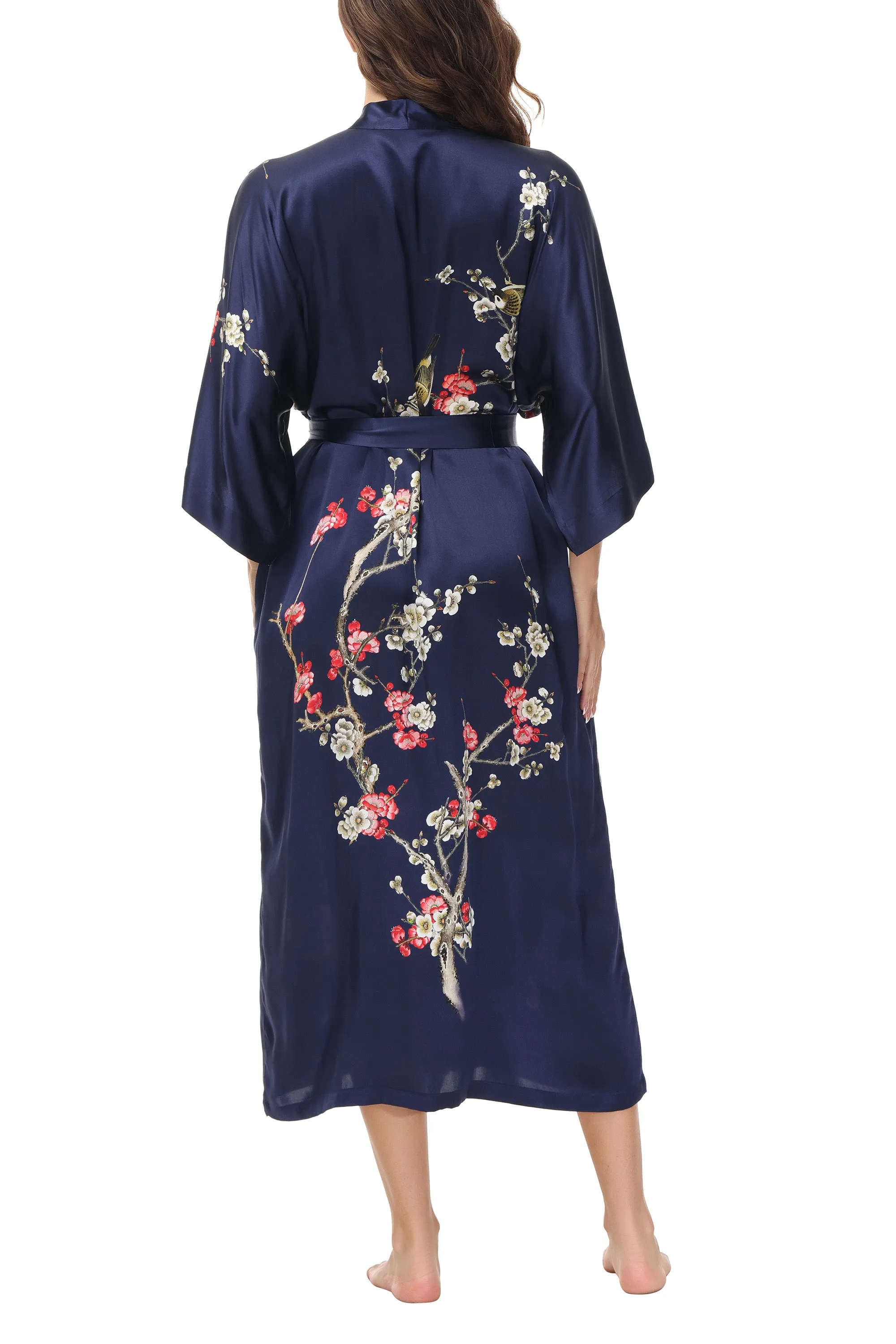 OSCAR ROSSA Women's Silk Sleepwear 100% Silk Charmeuse Long Robe Kimono, Plum Blossom & Bird