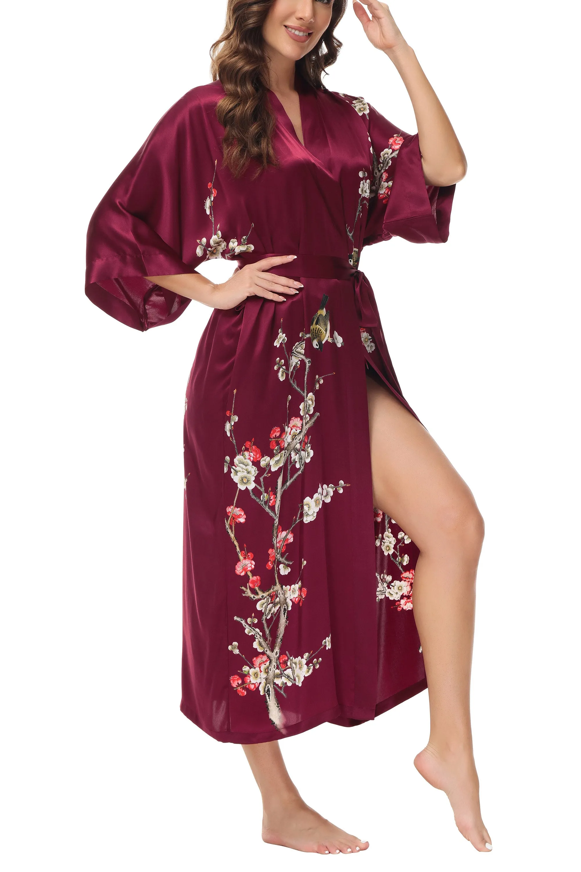 OSCAR ROSSA Women's Silk Sleepwear 100% Silk Charmeuse Long Robe Kimono, Plum Blossom & Bird