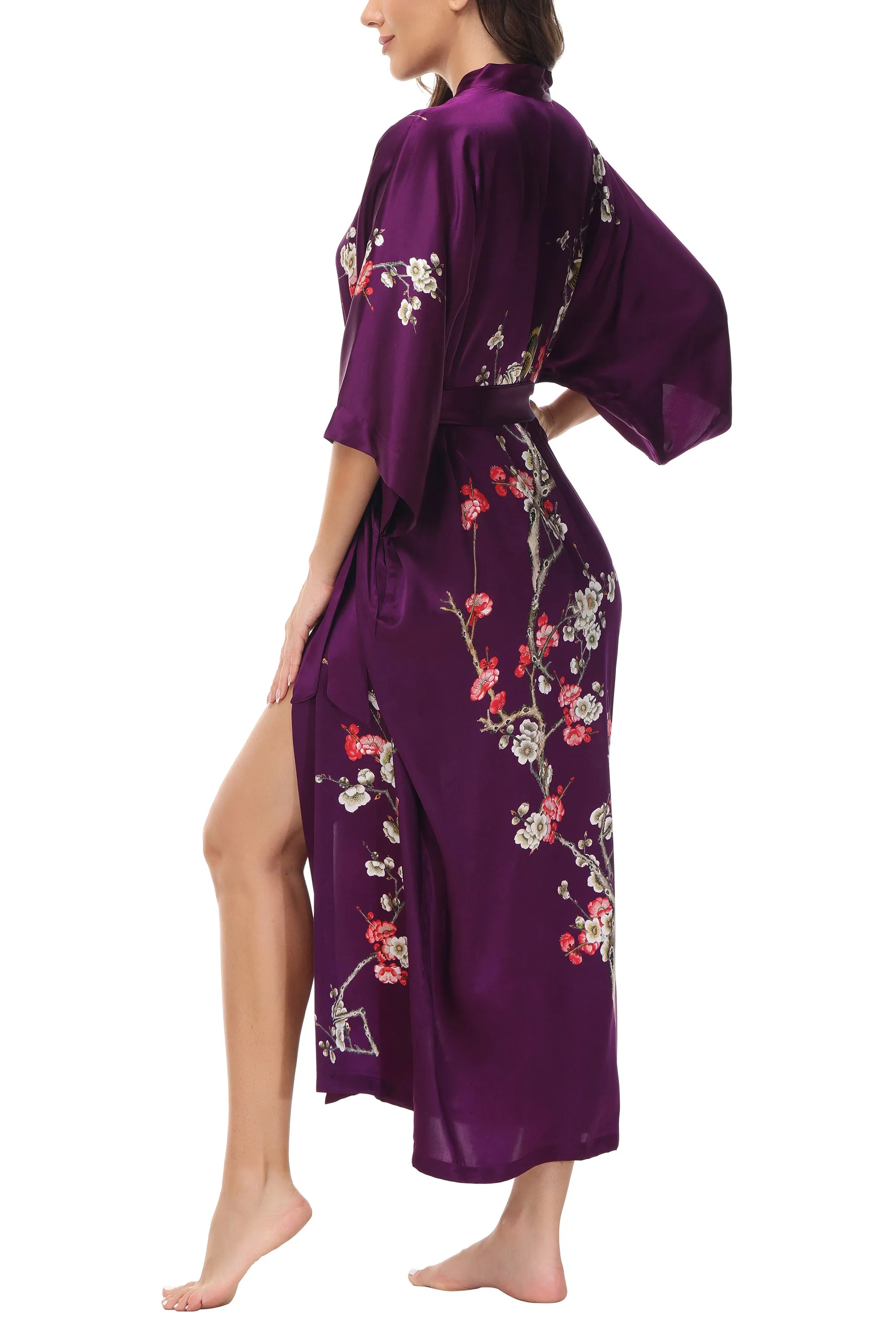 OSCAR ROSSA Women's Silk Sleepwear 100% Silk Charmeuse Long Robe Kimono, Plum Blossom & Bird