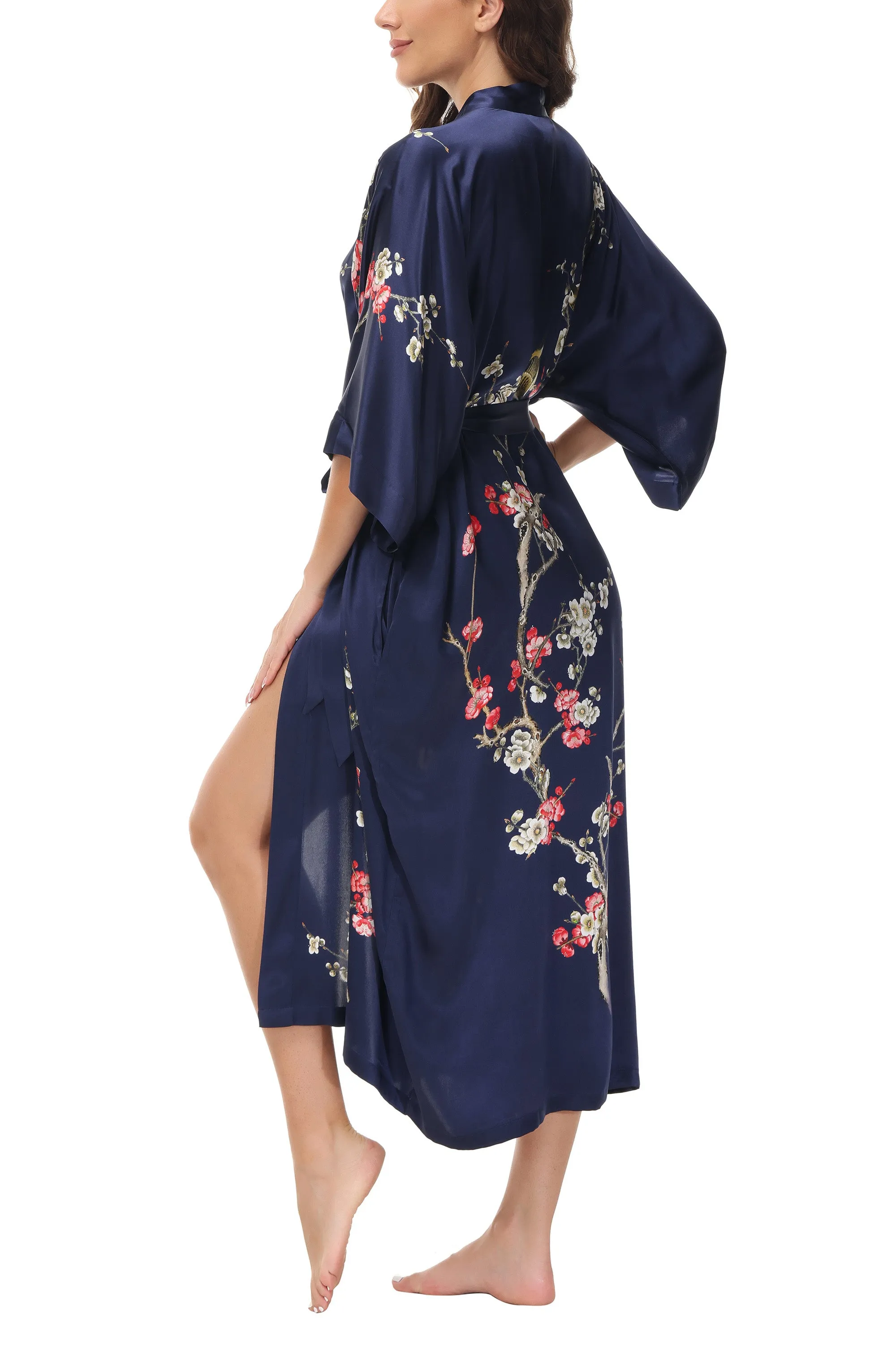 OSCAR ROSSA Women's Silk Sleepwear 100% Silk Charmeuse Long Robe Kimono, Plum Blossom & Bird