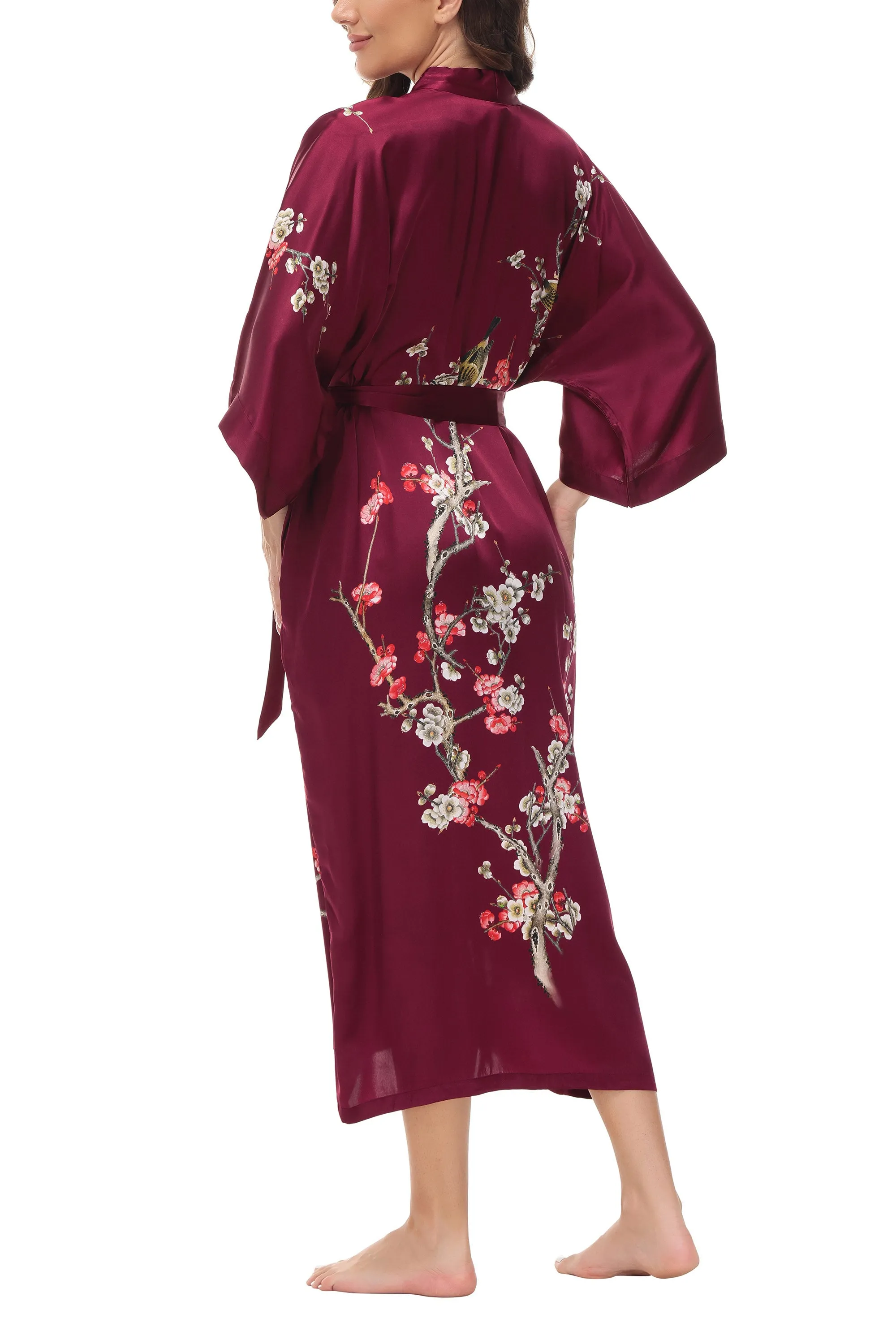 OSCAR ROSSA Women's Silk Sleepwear 100% Silk Charmeuse Long Robe Kimono, Plum Blossom & Bird