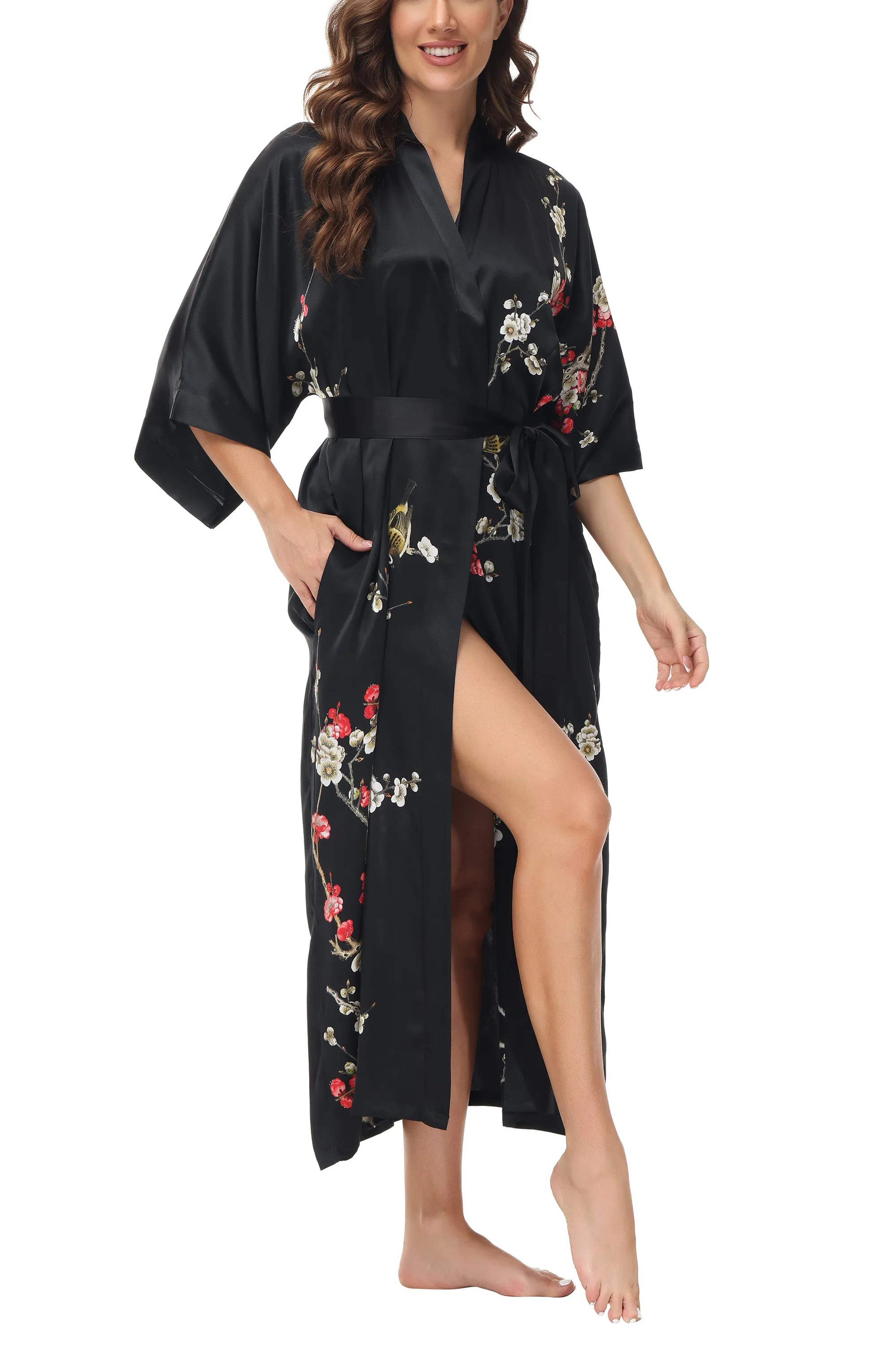 OSCAR ROSSA Women's Silk Sleepwear 100% Silk Charmeuse Long Robe Kimono, Plum Blossom & Bird