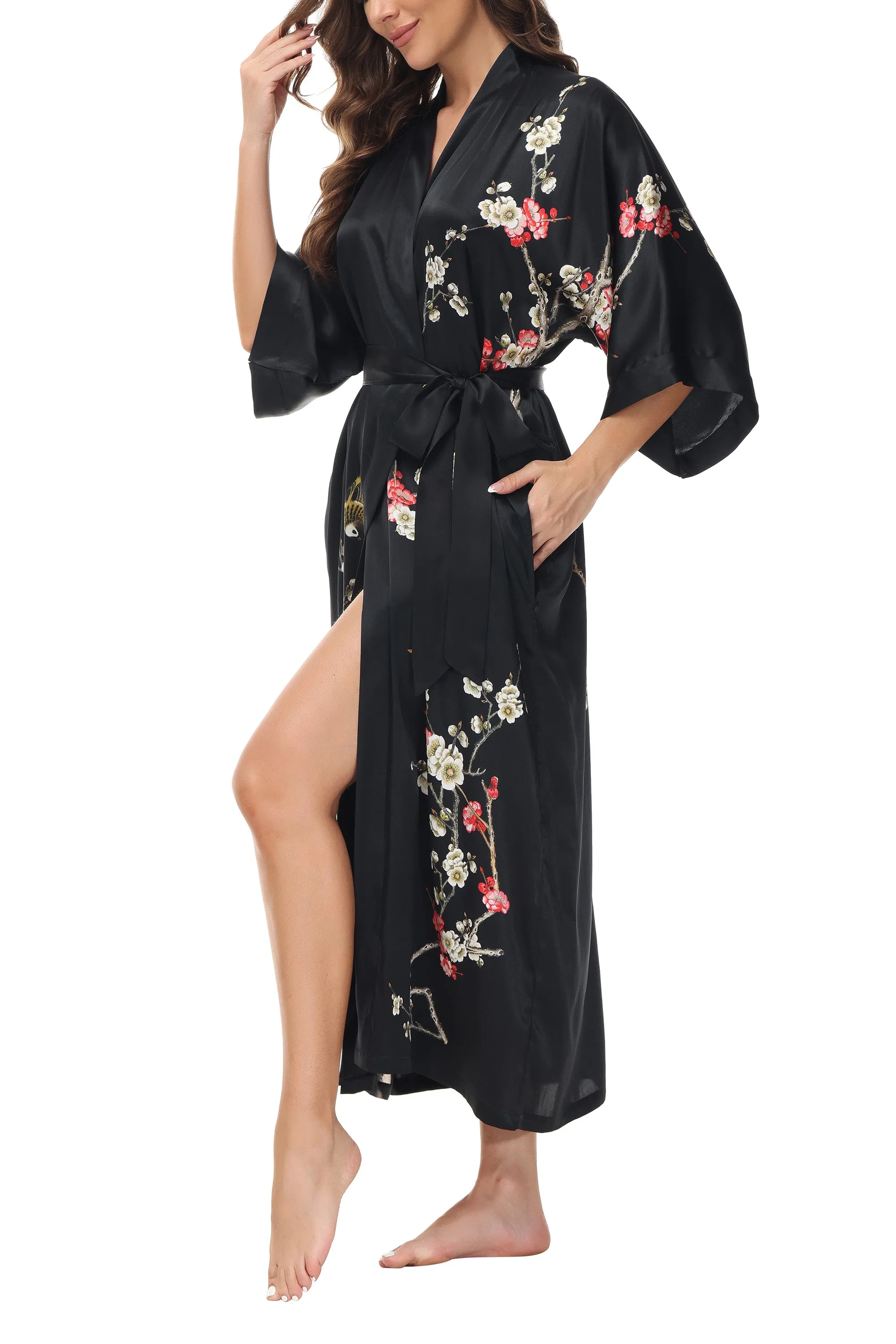 OSCAR ROSSA Women's Silk Sleepwear 100% Silk Charmeuse Long Robe Kimono, Plum Blossom & Bird