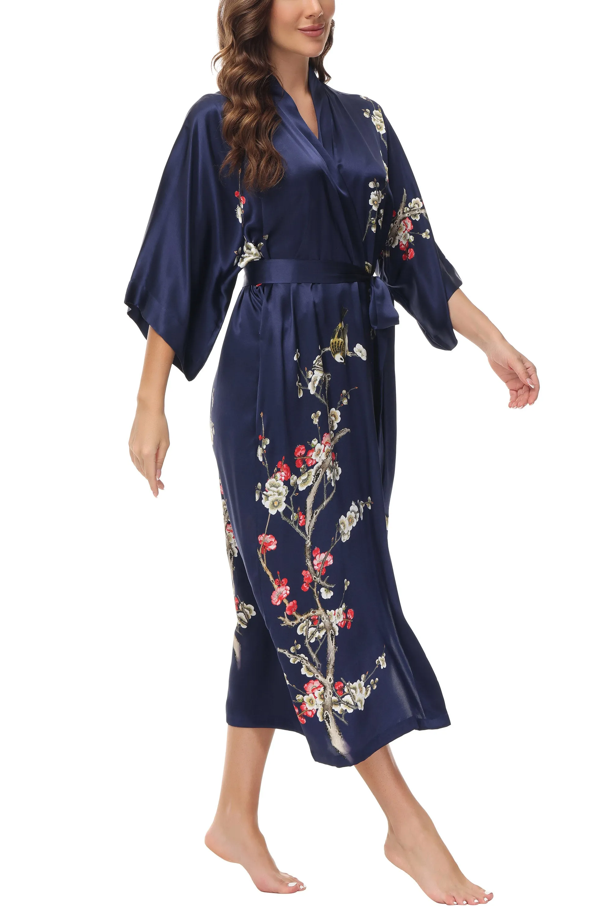 OSCAR ROSSA Women's Silk Sleepwear 100% Silk Charmeuse Long Robe Kimono, Plum Blossom & Bird