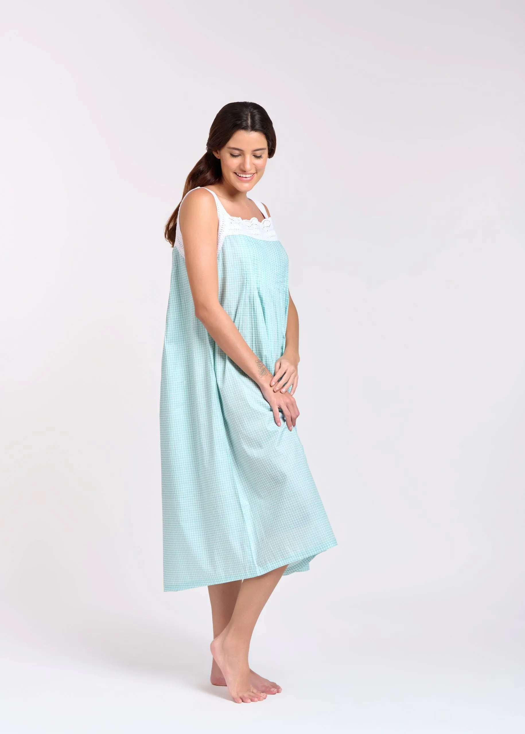 Pin Tucked Lace Gingham Print Nightie Aqua