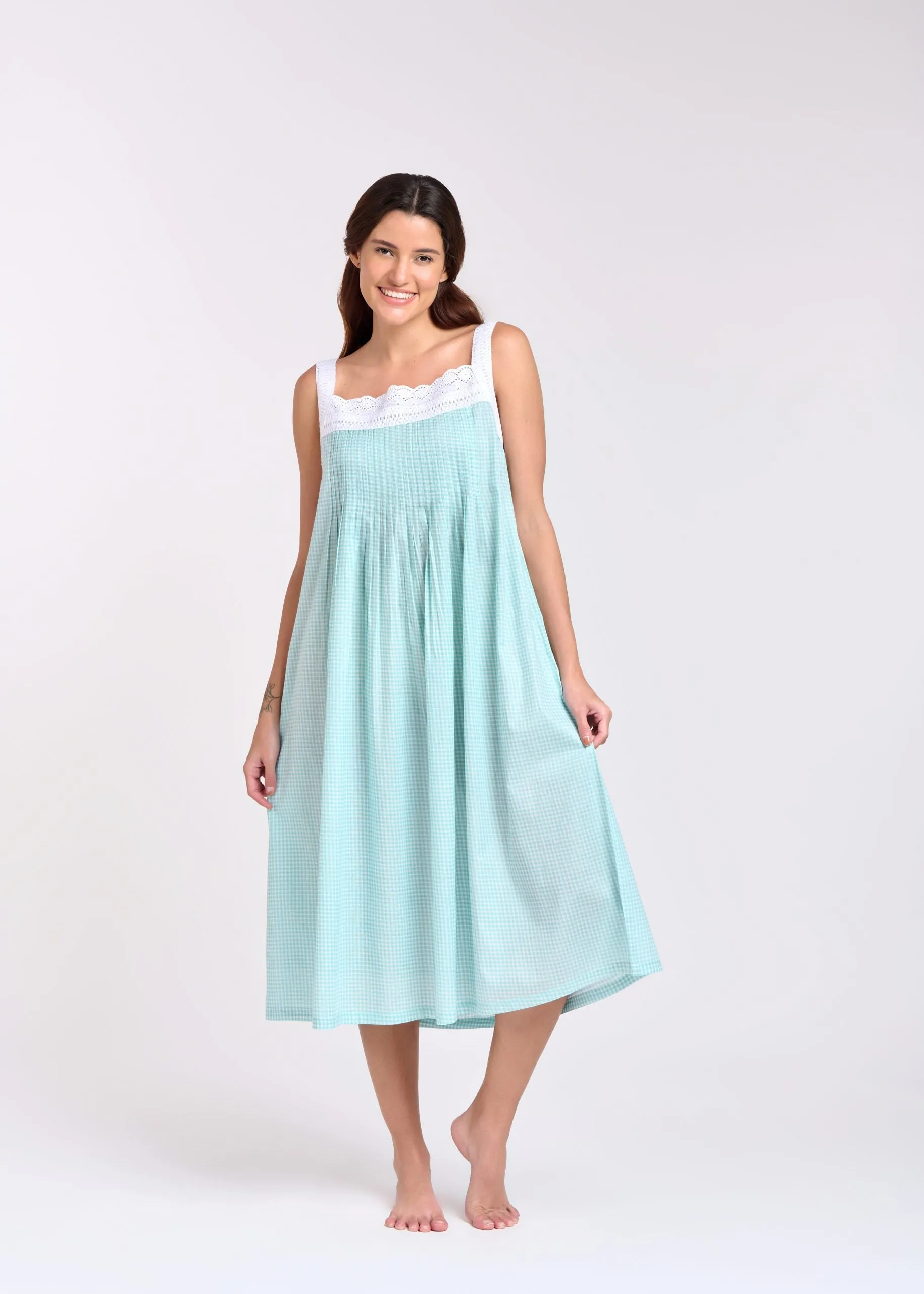 Pin Tucked Lace Gingham Print Nightie Aqua