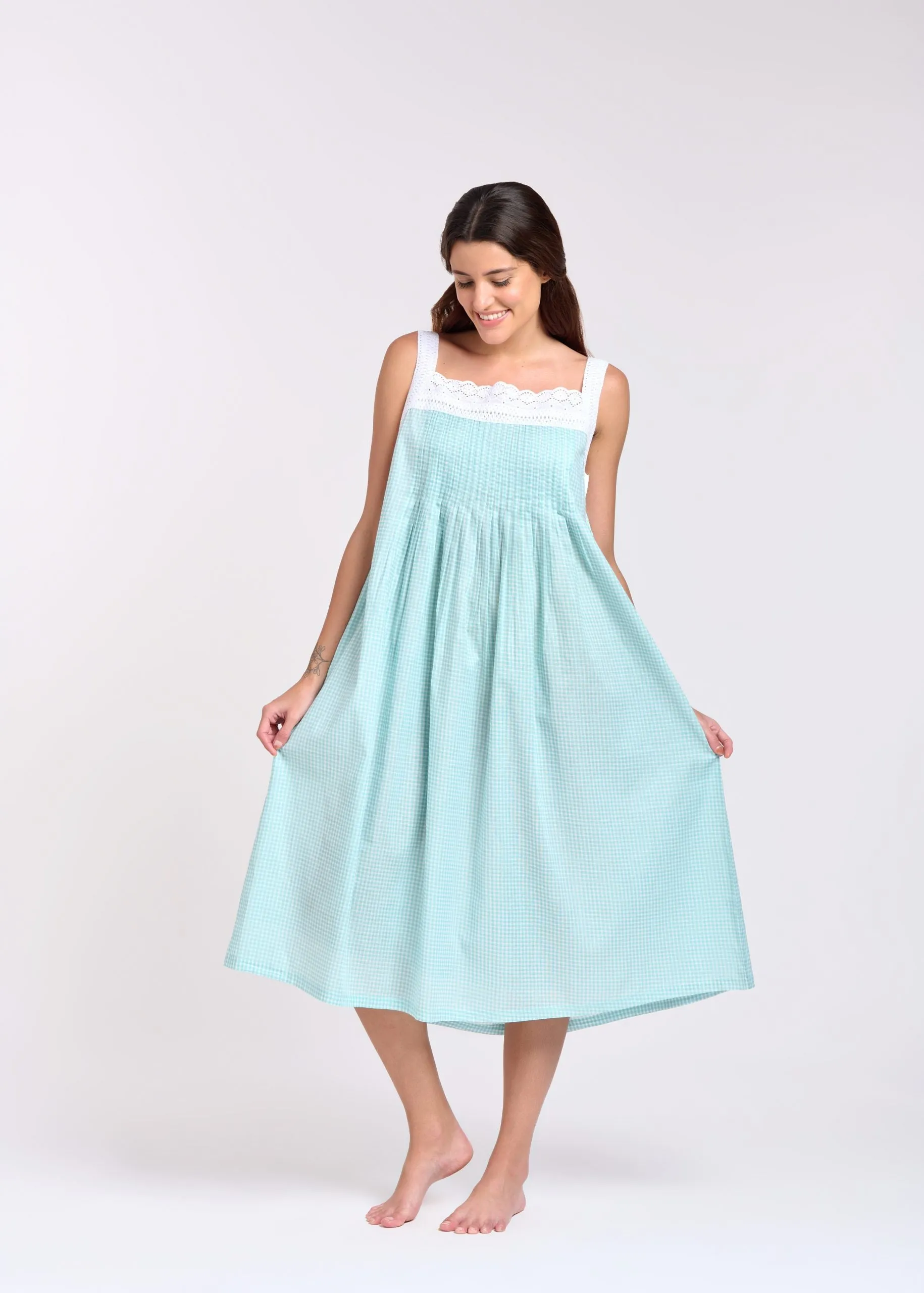 Pin Tucked Lace Gingham Print Nightie Aqua