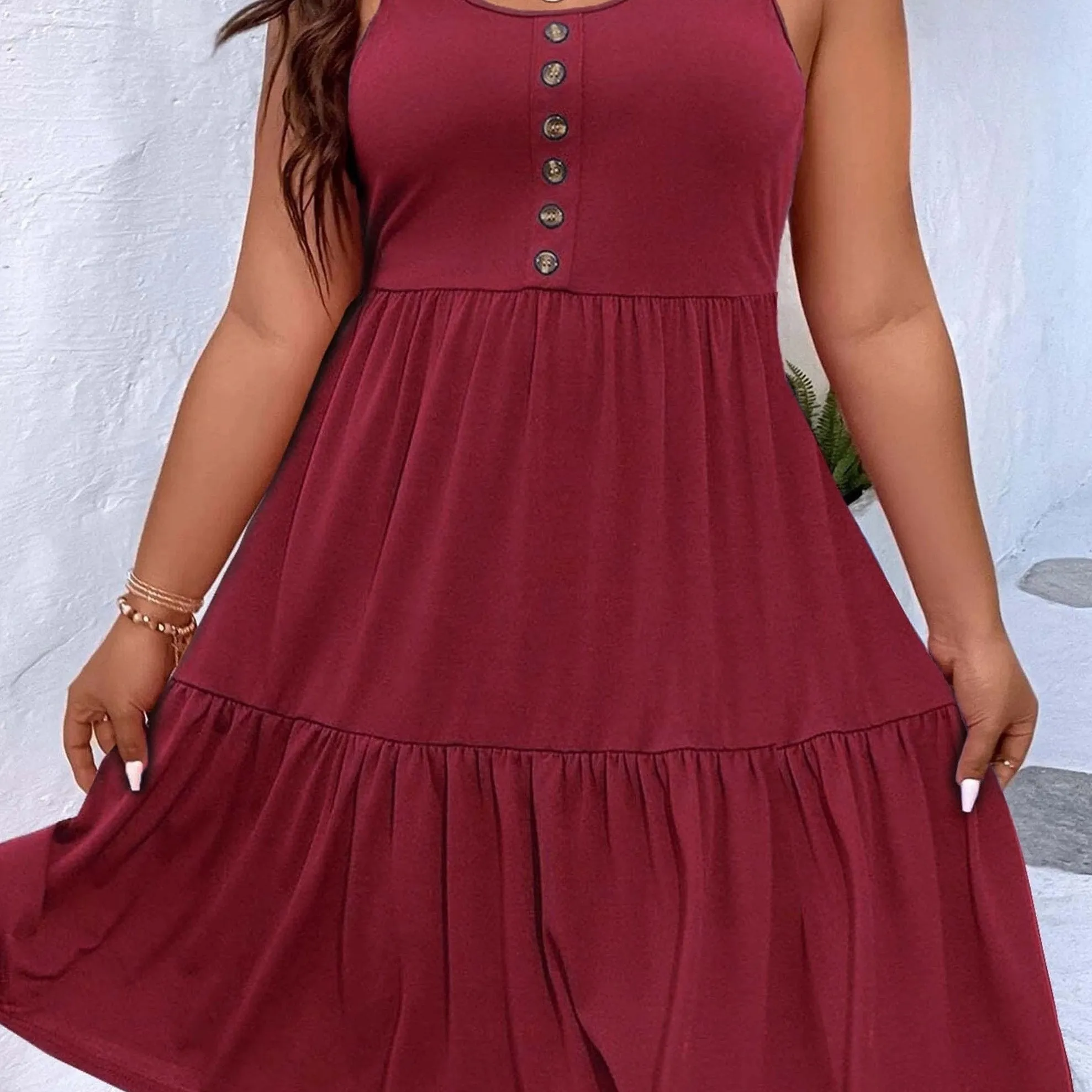 Plus Size Casual Loungewear - Women's Plus Ruffled Hem Button Detail Medium Stretch Comfort Tank Dress"