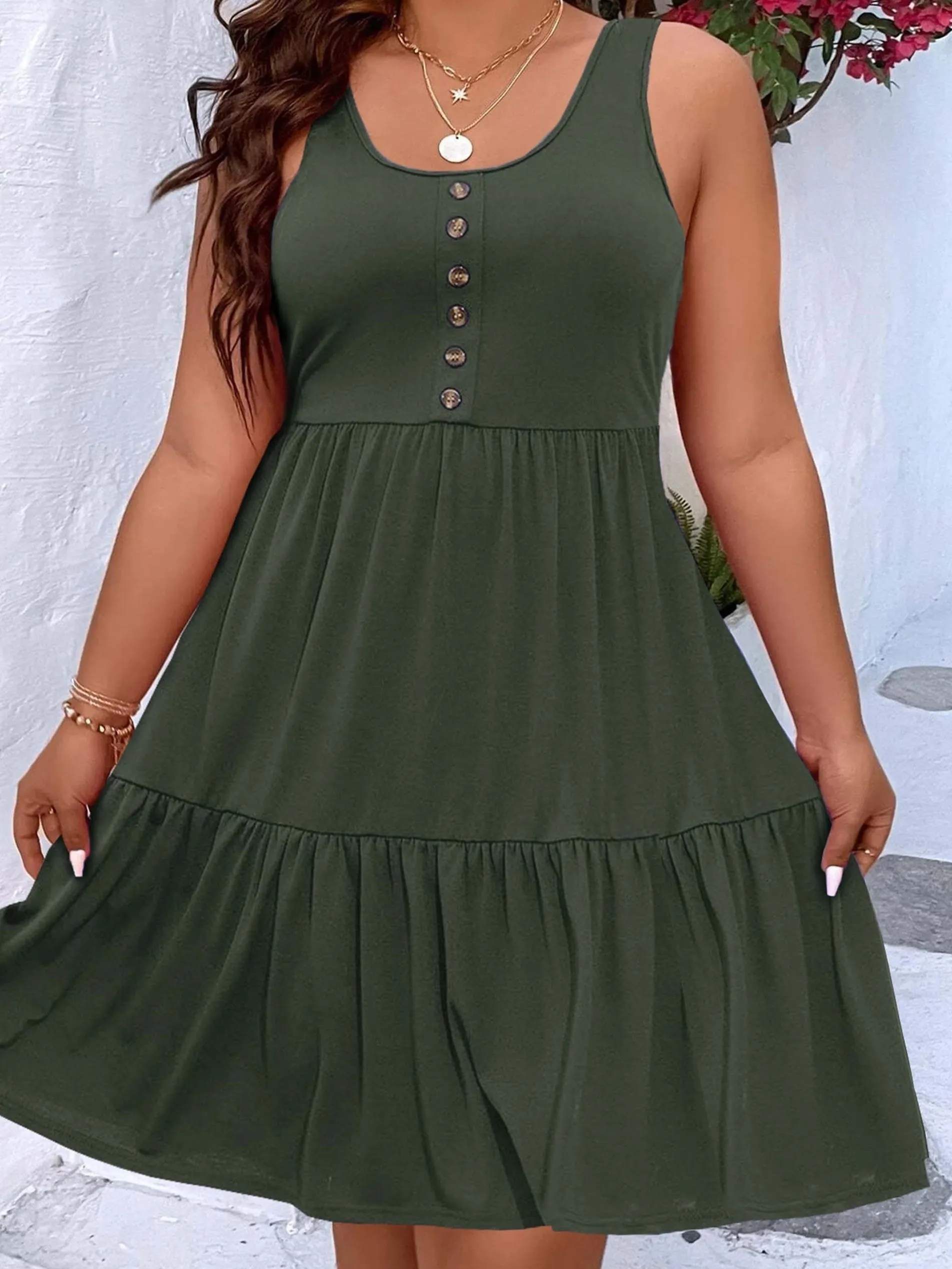 Plus Size Casual Loungewear - Women's Plus Ruffled Hem Button Detail Medium Stretch Comfort Tank Dress"