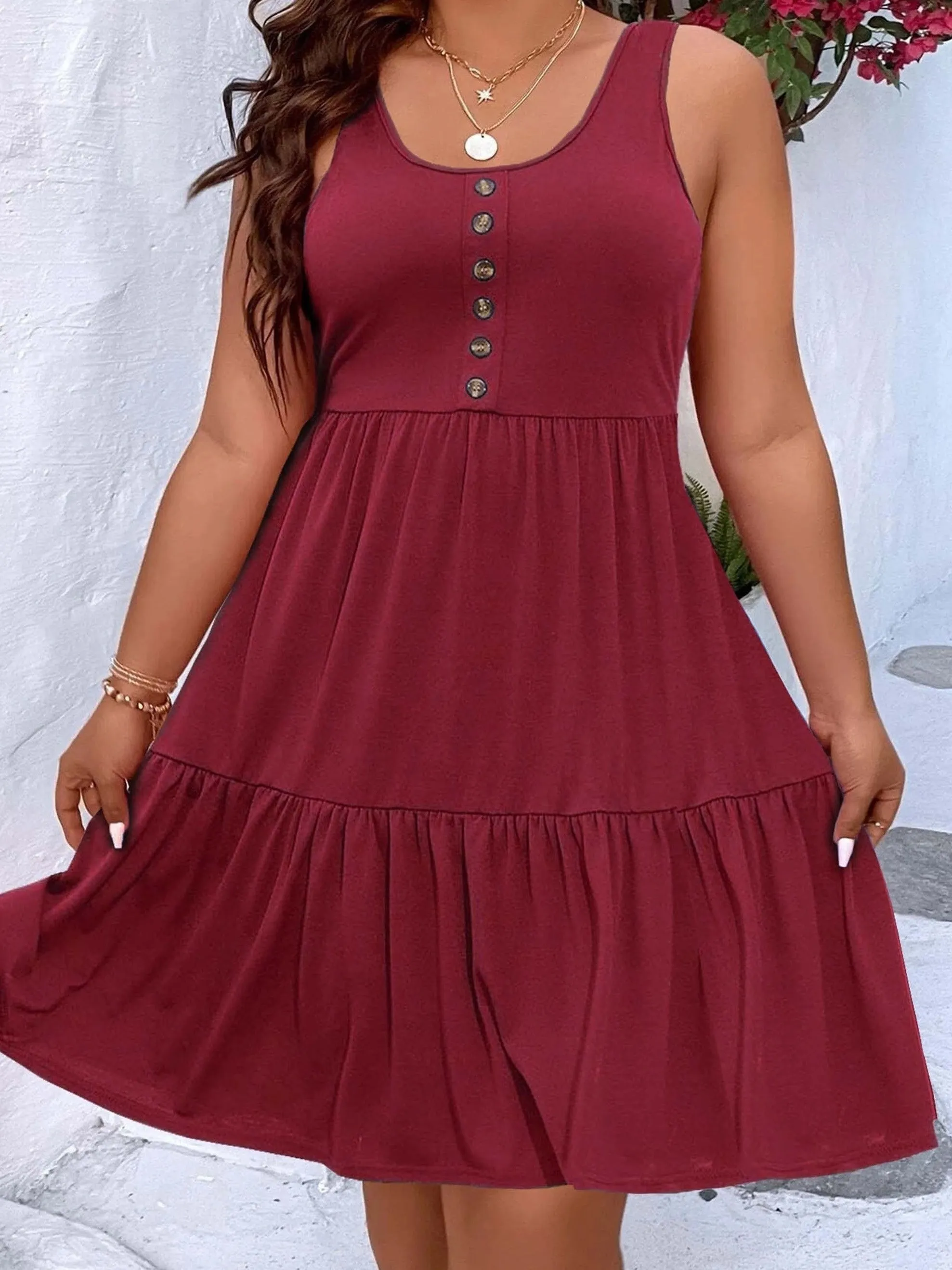 Plus Size Casual Loungewear - Women's Plus Ruffled Hem Button Detail Medium Stretch Comfort Tank Dress"