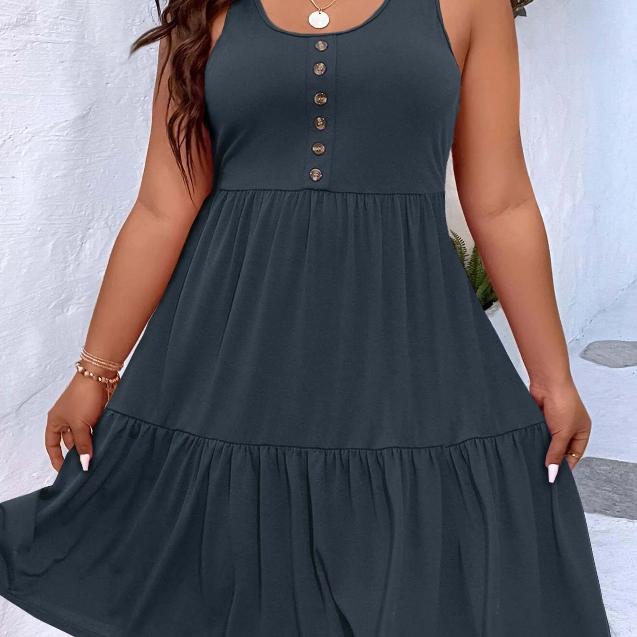 Plus Size Casual Loungewear - Women's Plus Ruffled Hem Button Detail Medium Stretch Comfort Tank Dress"