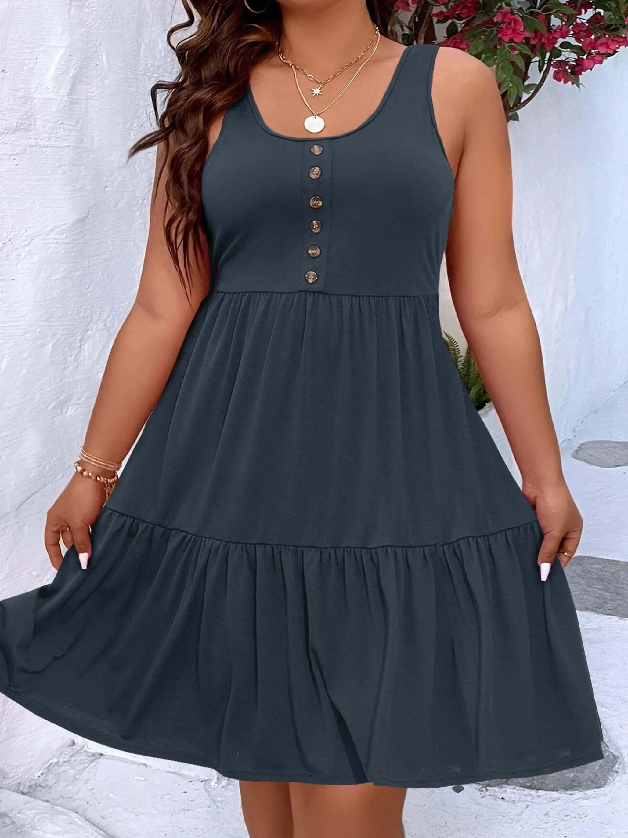 Plus Size Casual Loungewear - Women's Plus Ruffled Hem Button Detail Medium Stretch Comfort Tank Dress"