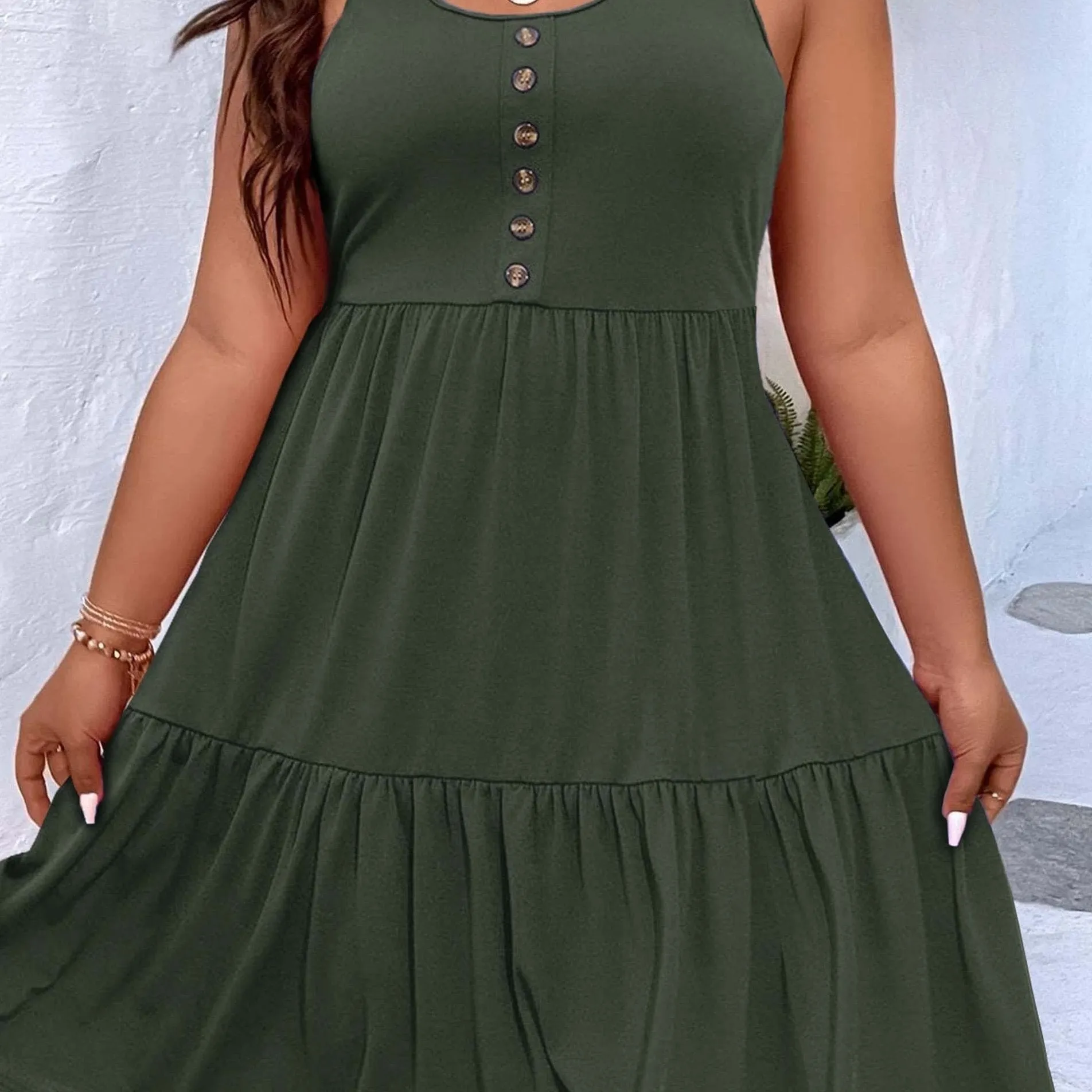 Plus Size Casual Loungewear - Women's Plus Ruffled Hem Button Detail Medium Stretch Comfort Tank Dress"