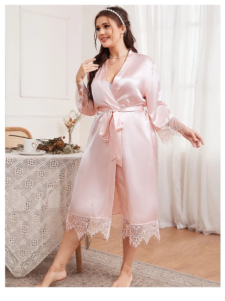 Plus Size Women's Pajamas Robe V Neck Silk Like Nightrobe Sexy Pink Lace Long Bathrobe Simple Elegant Sleepwear 4XL 5XL