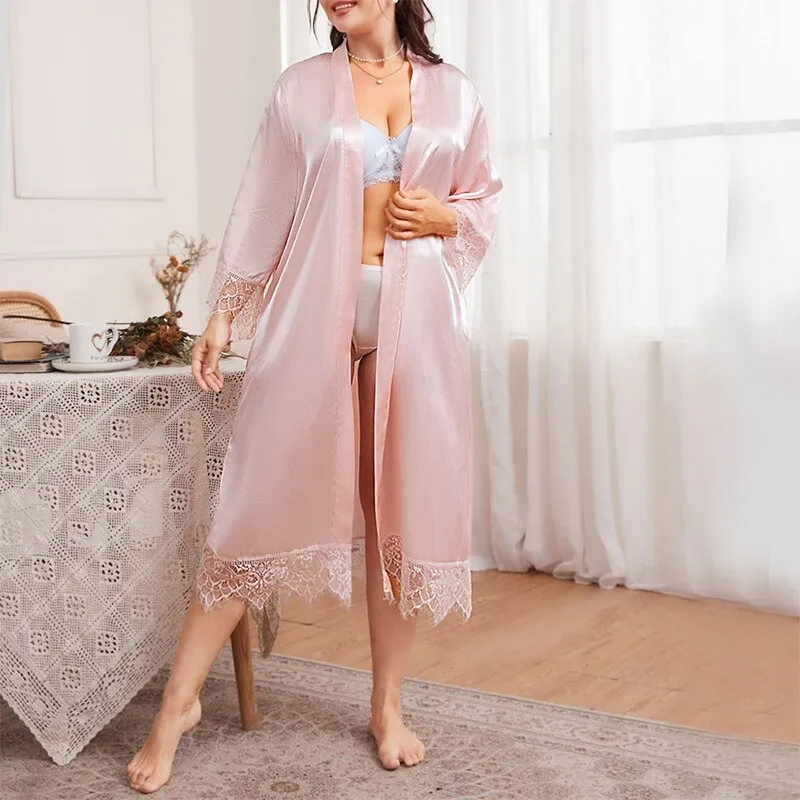 Plus Size Women's Pajamas Robe V Neck Silk Like Nightrobe Sexy Pink Lace Long Bathrobe Simple Elegant Sleepwear 4XL 5XL