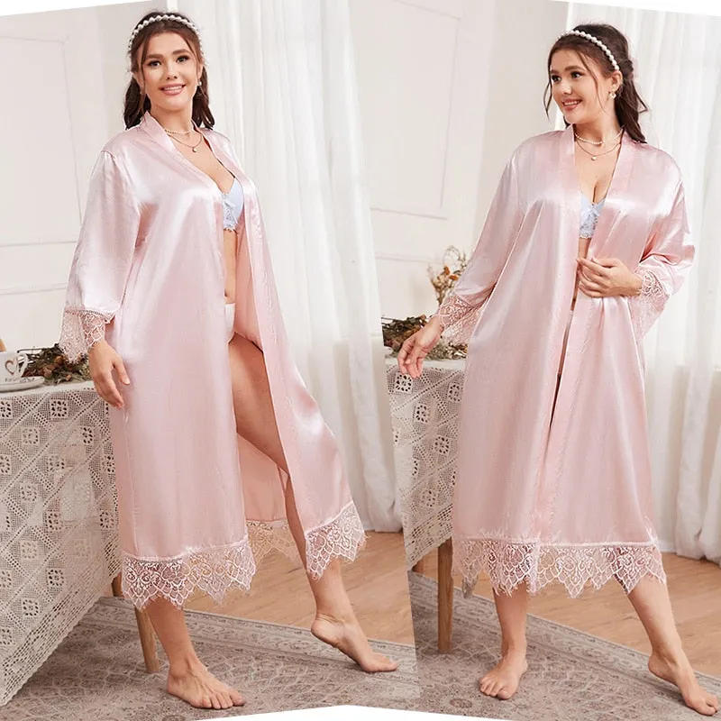 Plus Size Women's Pajamas Robe V Neck Silk Like Nightrobe Sexy Pink Lace Long Bathrobe Simple Elegant Sleepwear 4XL 5XL