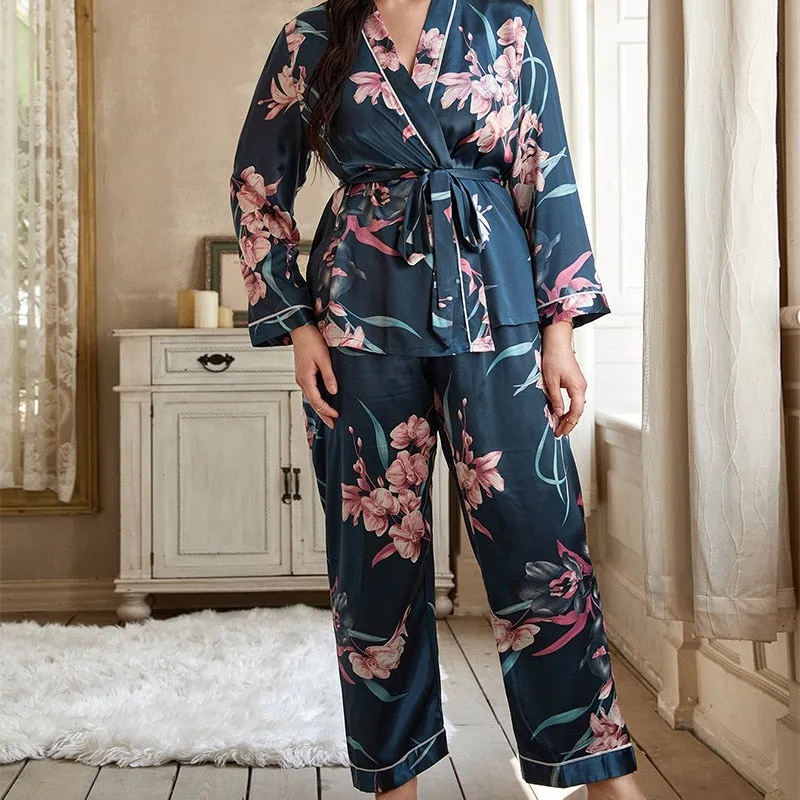 Plus Size Women's Pajamas Set Floral Print Free Sleepwear Silk Like Homewear Elegant V Neck Nightwear with 4XL 5XL