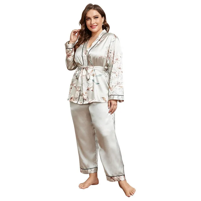 Plus Size Women's Pajamas Set Floral Print Free Sleepwear Silk Like Homewear Elegant V Neck Nightwear with 4XL 5XL