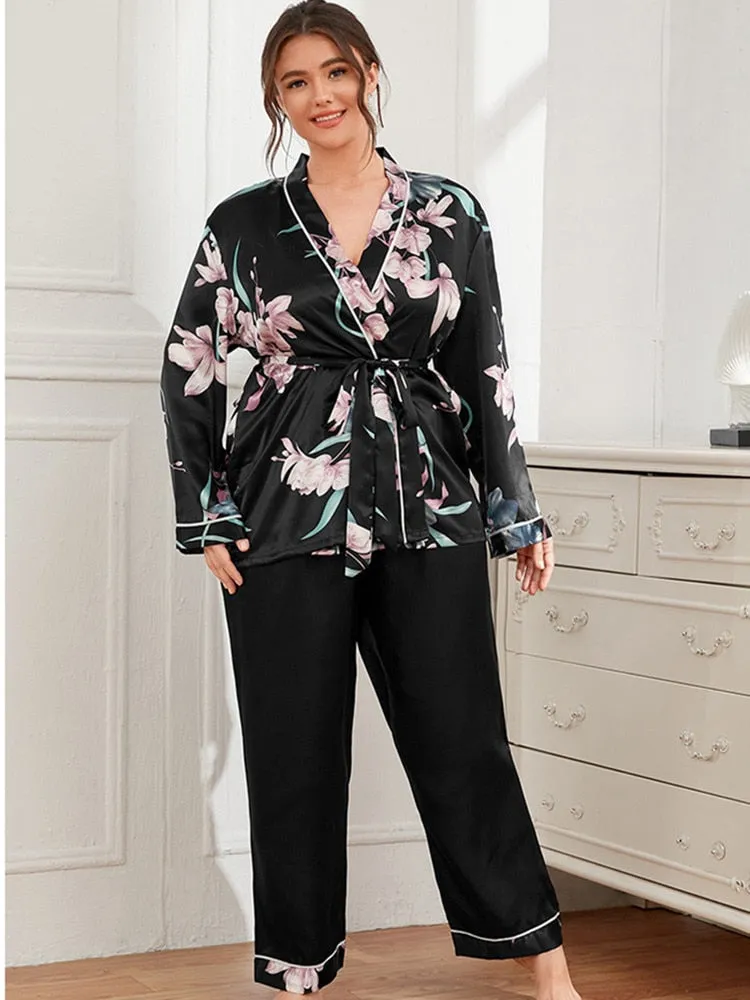 Plus Size Women's Pajamas Set Floral Print Free Sleepwear Silk Like Homewear Elegant V Neck Nightwear with 4XL 5XL