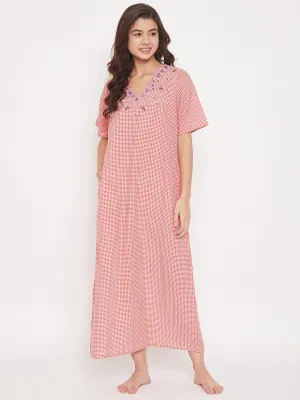 Red Checks  Cotton Nighty with Embroidered Neck - (Clearance - Final Sale)