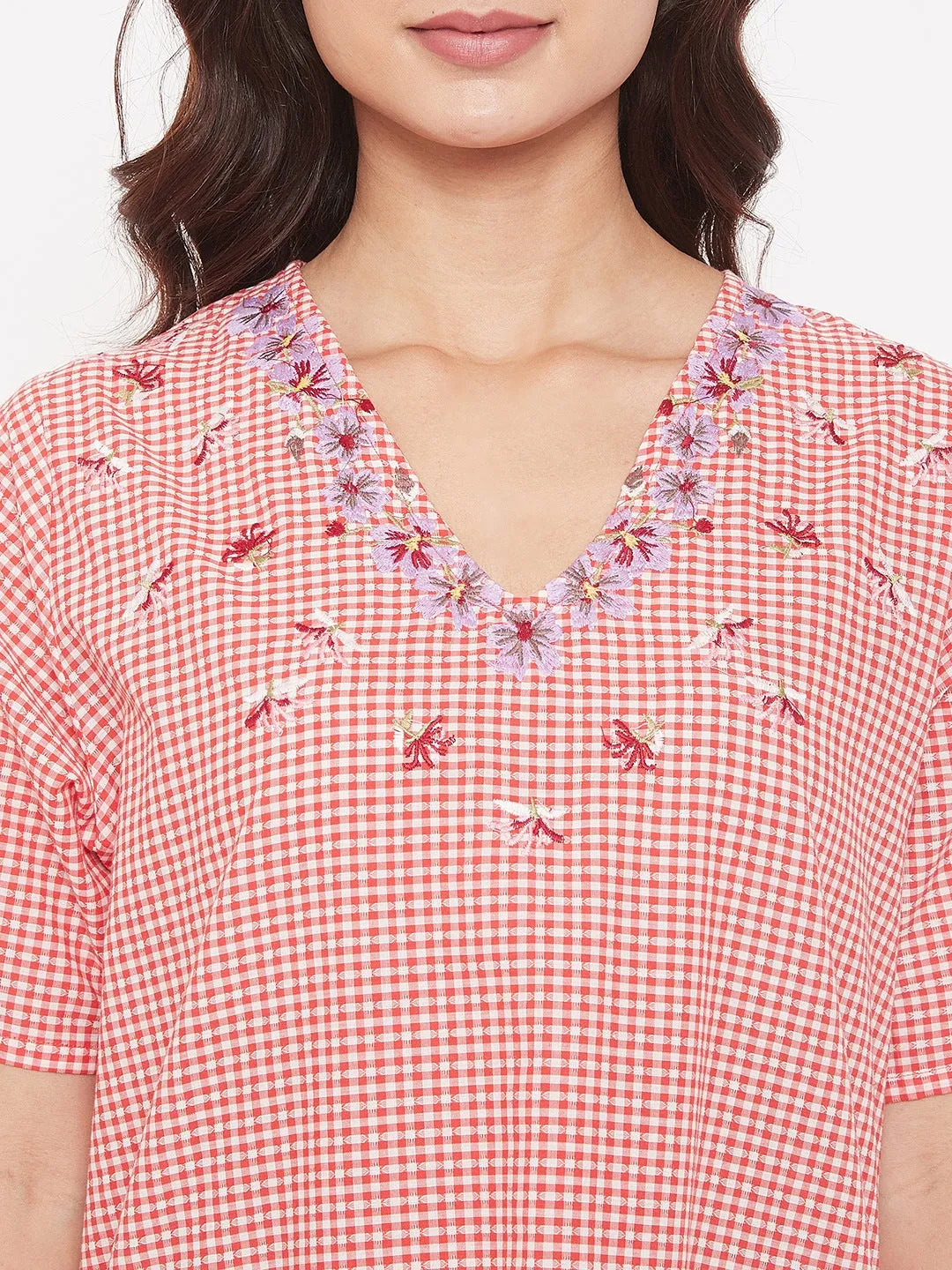 Red Checks  Cotton Nighty with Embroidered Neck - (Clearance - Final Sale)