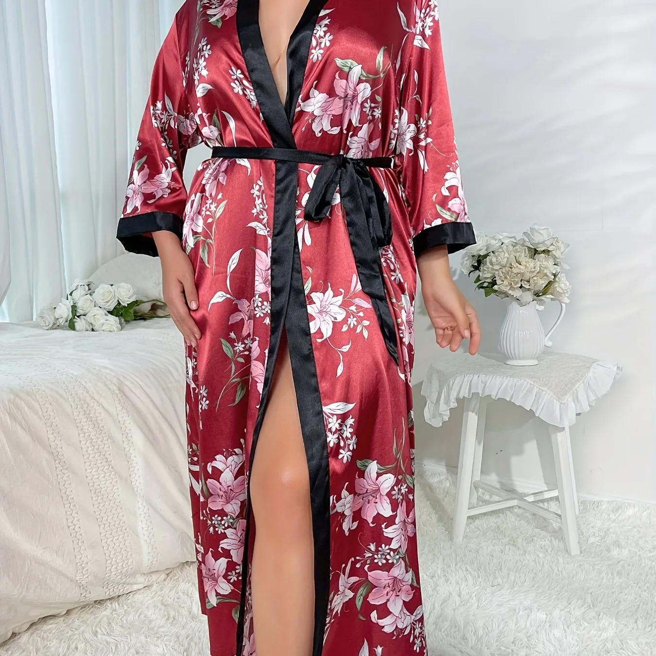 Rejuvenate Your Nights Plus Size Satin Floral Print Loungewear Robe for Women