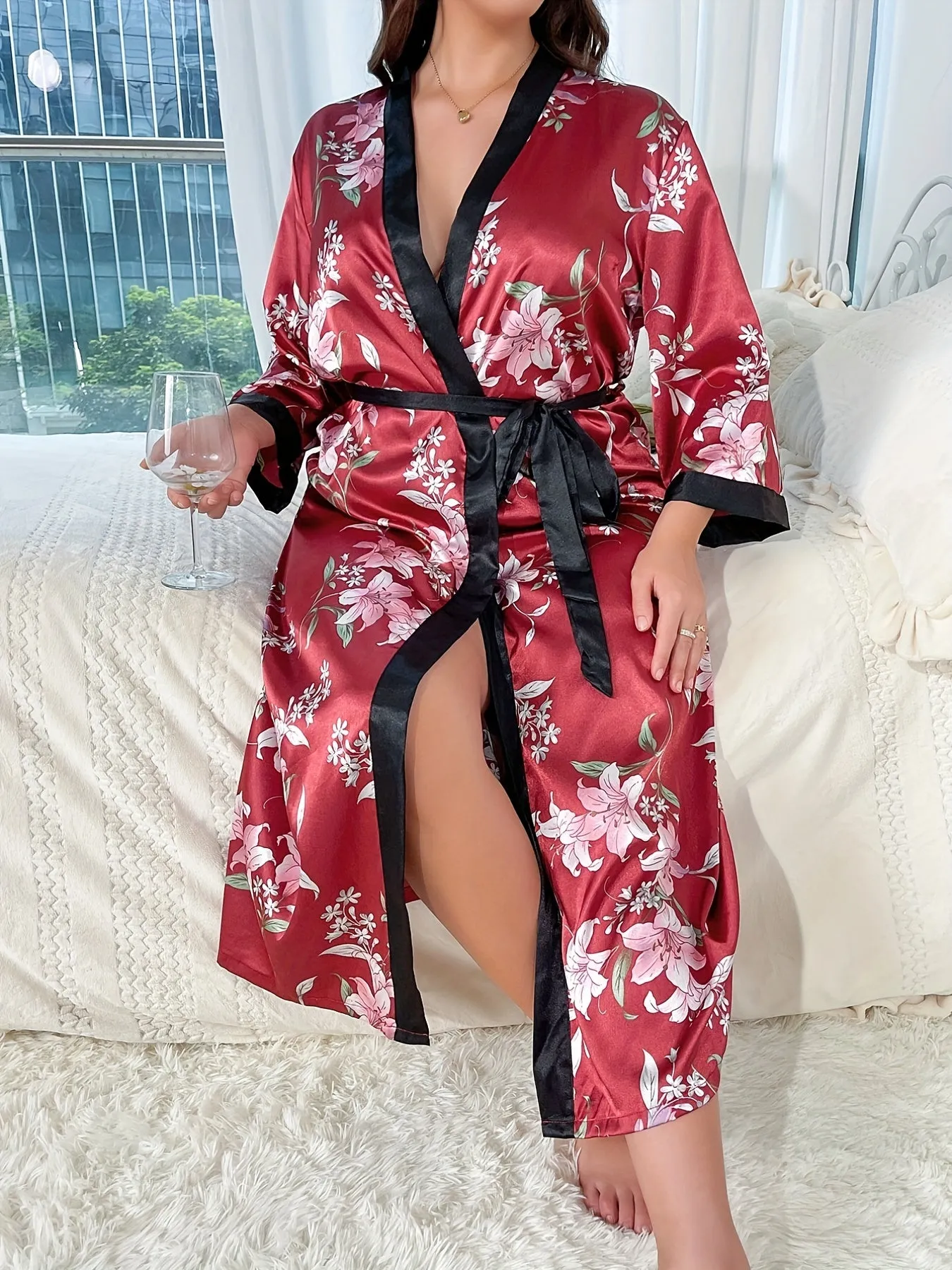 Rejuvenate Your Nights Plus Size Satin Floral Print Loungewear Robe for Women