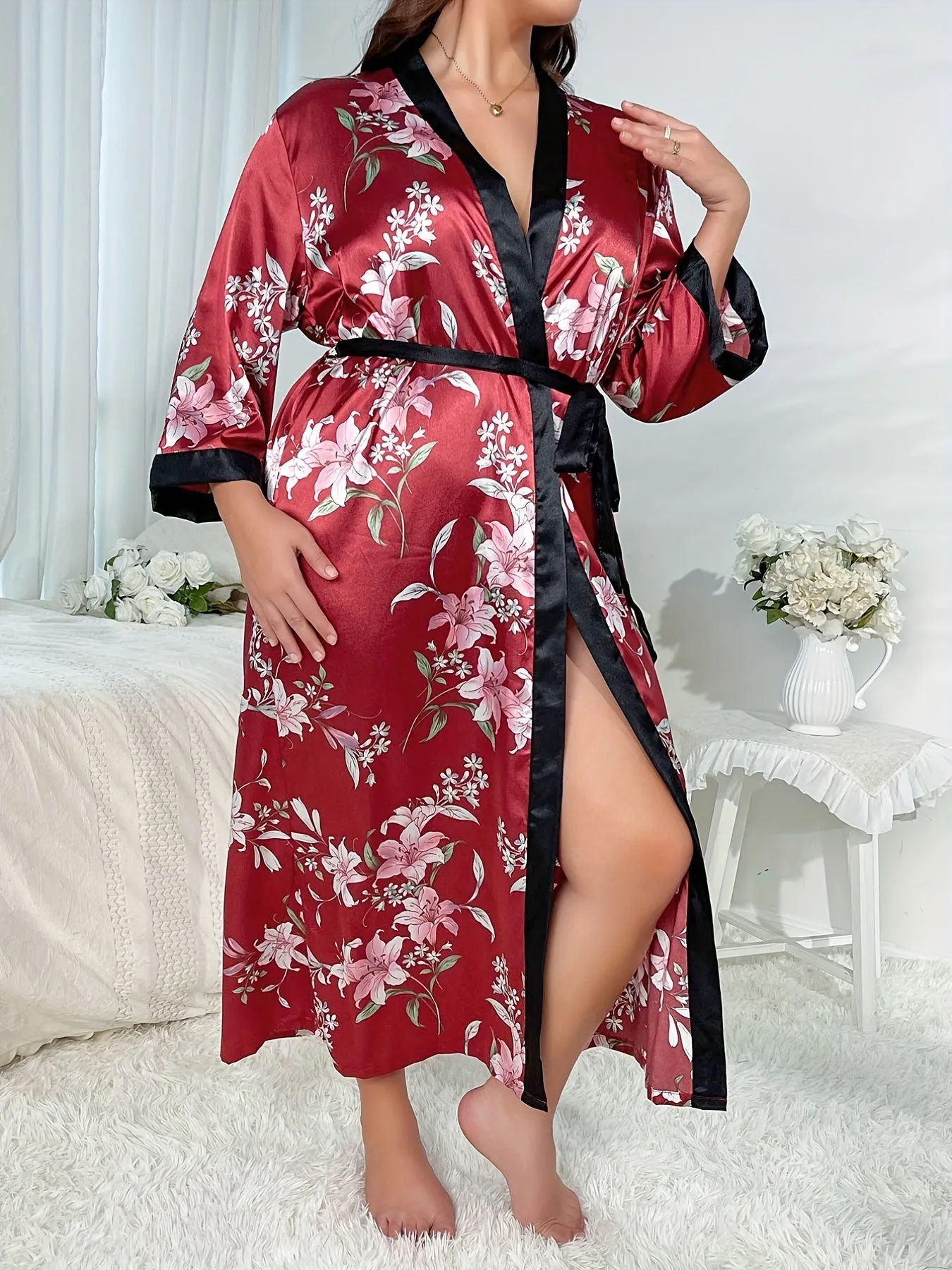 Rejuvenate Your Nights Plus Size Satin Floral Print Loungewear Robe for Women