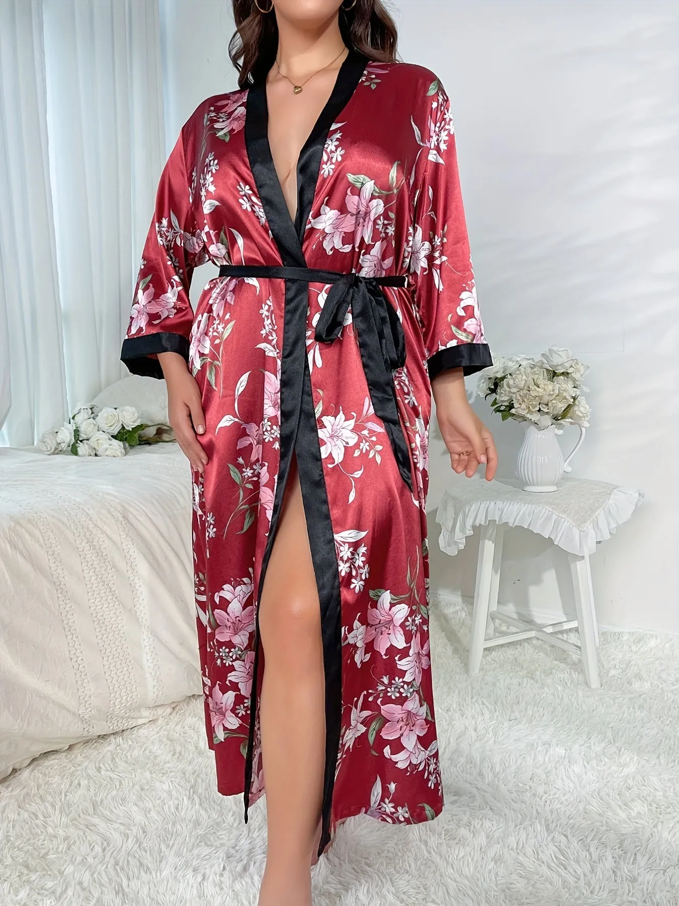 Rejuvenate Your Nights Plus Size Satin Floral Print Loungewear Robe for Women