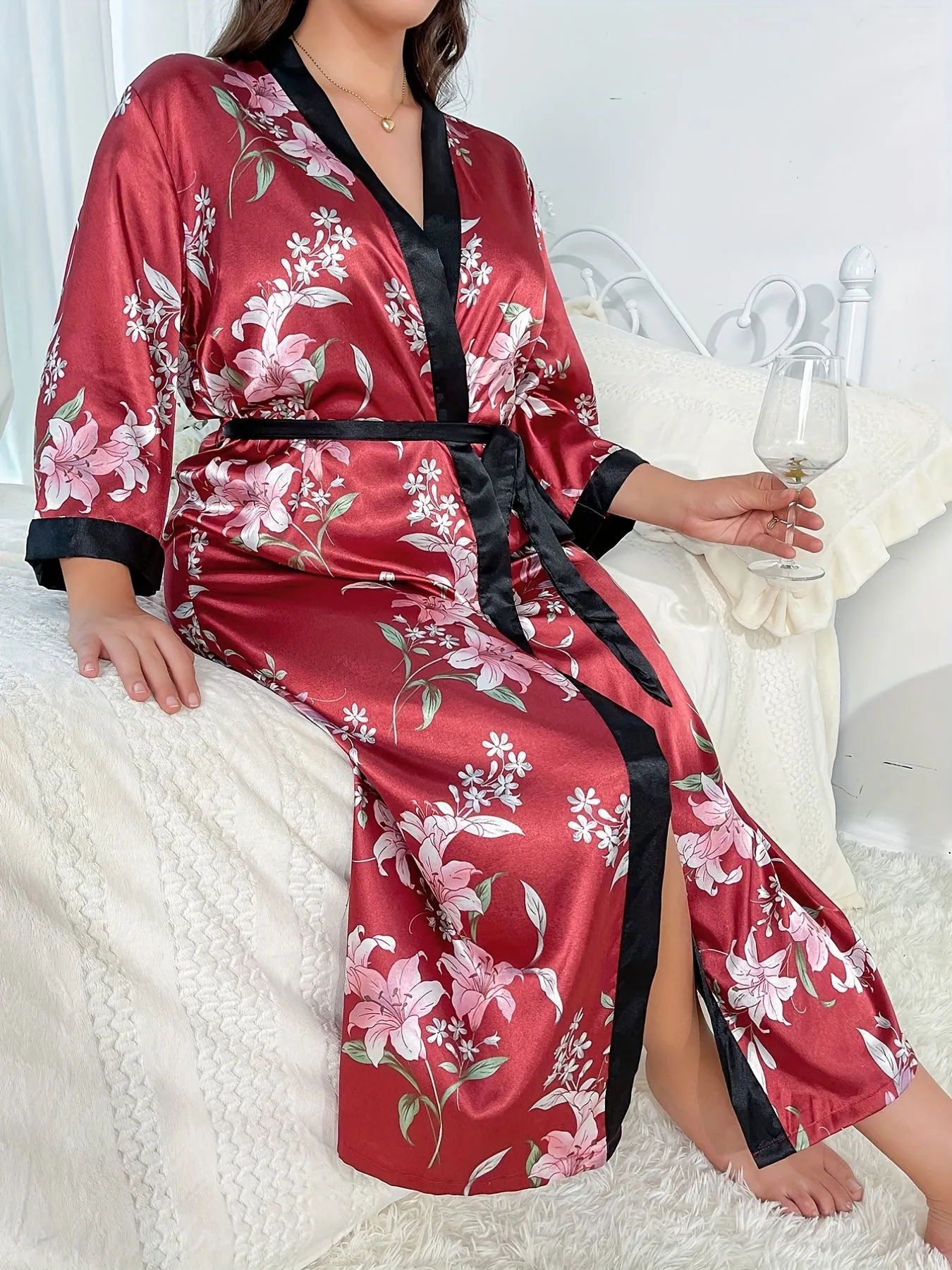 Rejuvenate Your Nights Plus Size Satin Floral Print Loungewear Robe for Women