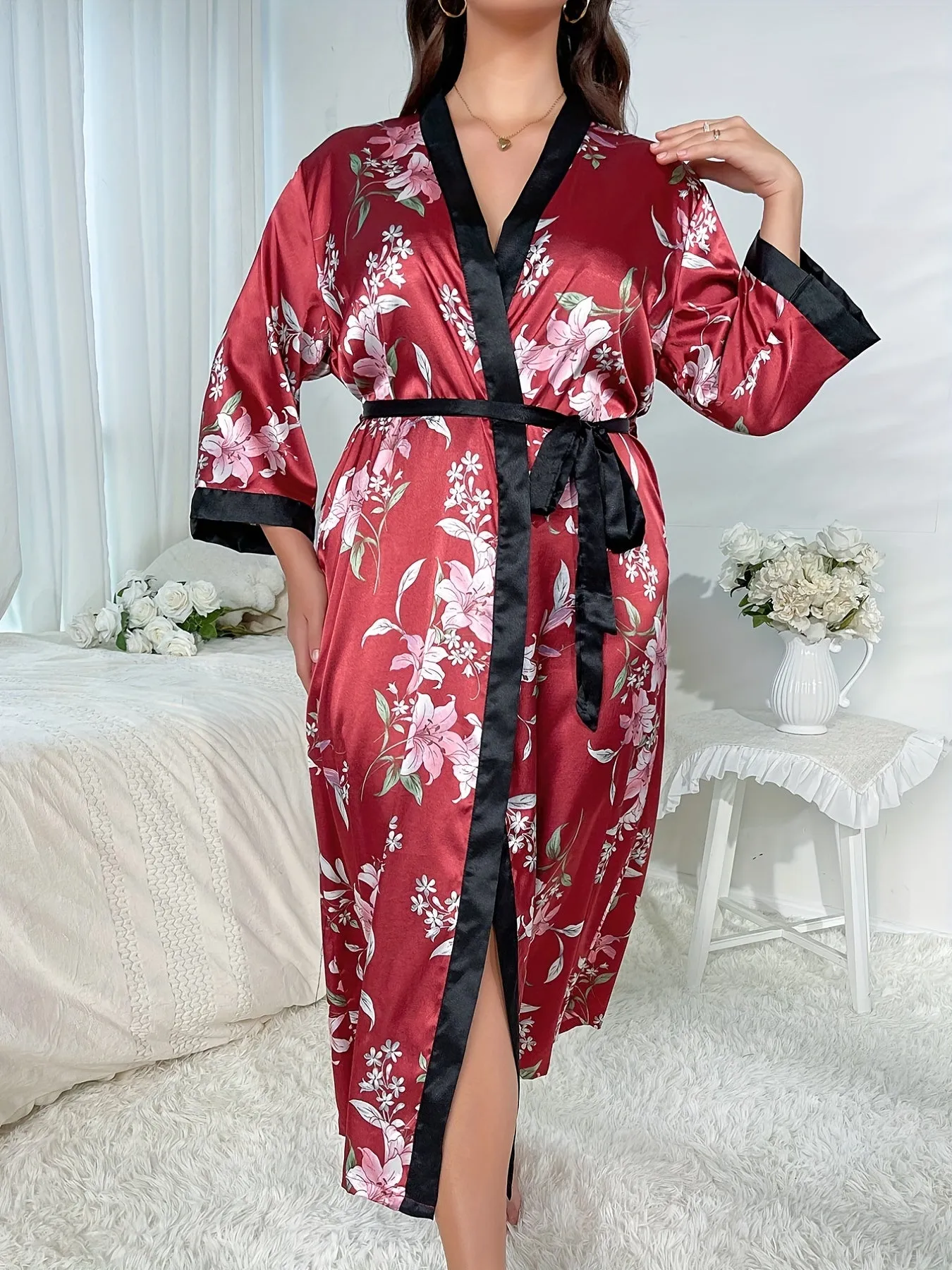 Rejuvenate Your Nights Plus Size Satin Floral Print Loungewear Robe for Women