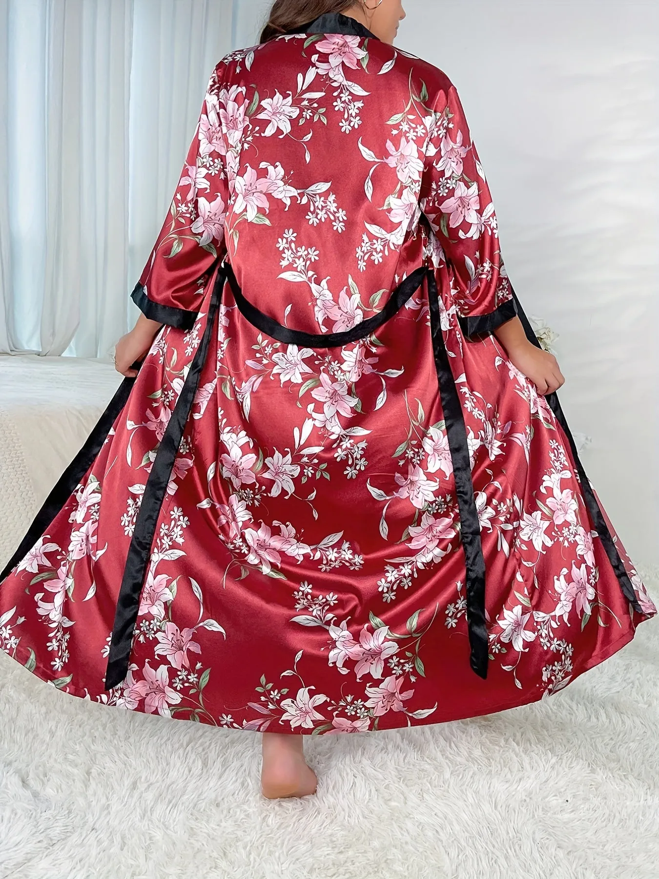 Rejuvenate Your Nights Plus Size Satin Floral Print Loungewear Robe for Women