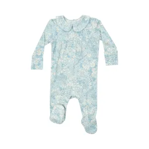 Ribbed Blue Meadow Floral Smocked Peter Pan Footie