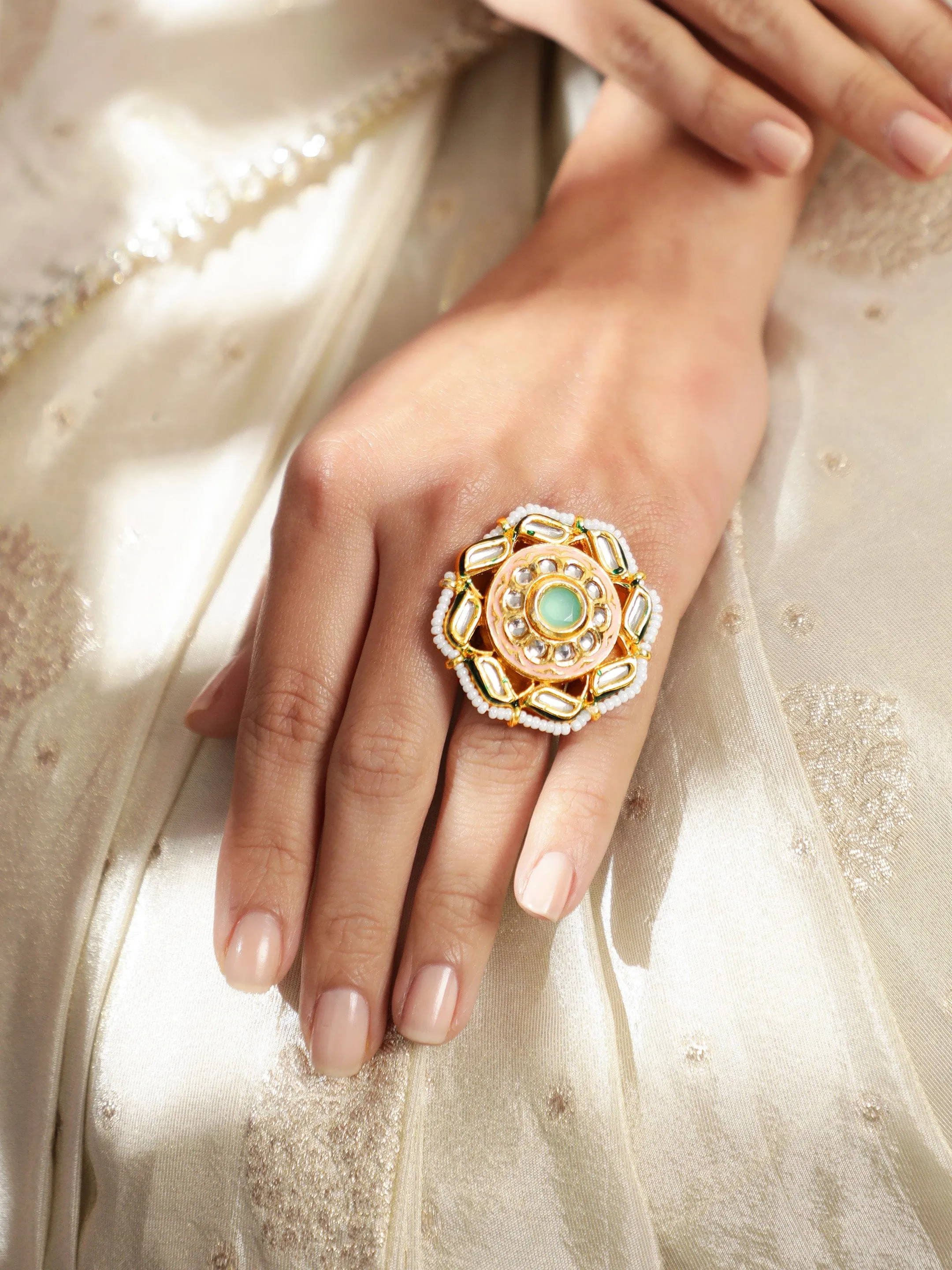 Rubans 22K Gold plated kundan crystal with pastel enamel and pearl Regal Ring