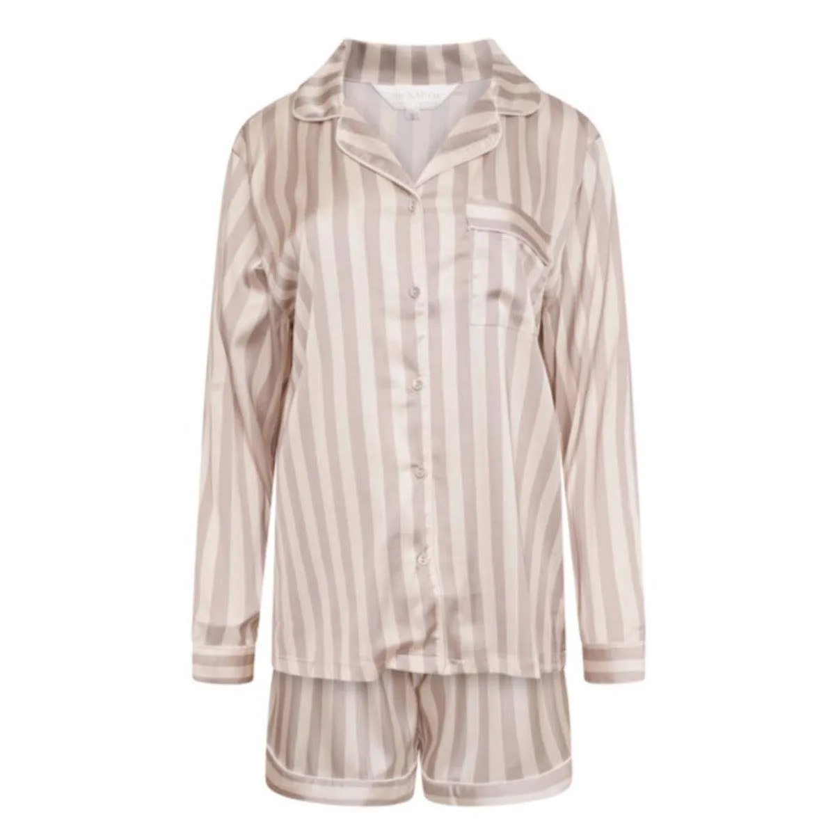 Satin Stripe Short Pyjama Set- Beige Stripe