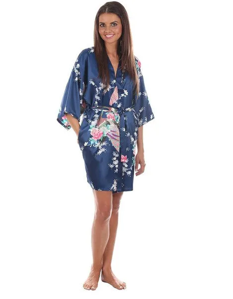 Sexy White Printed Female Mini Silk Robe Rayon Kimono Yukata Night Dress Gown Flower &Peacock S M L XL XXL XXXL A108