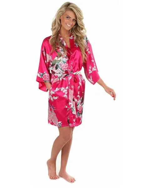 Sexy White Printed Female Mini Silk Robe Rayon Kimono Yukata Night Dress Gown Flower &Peacock S M L XL XXL XXXL A108