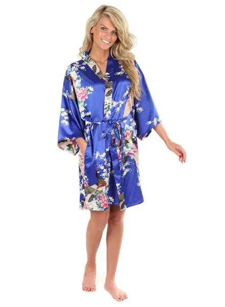 Sexy White Printed Female Mini Silk Robe Rayon Kimono Yukata Night Dress Gown Flower &Peacock S M L XL XXL XXXL A108