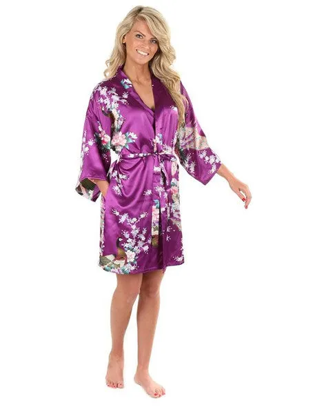 Sexy White Printed Female Mini Silk Robe Rayon Kimono Yukata Night Dress Gown Flower &Peacock S M L XL XXL XXXL A108