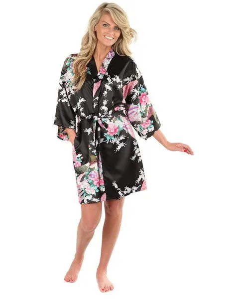 Sexy White Printed Female Mini Silk Robe Rayon Kimono Yukata Night Dress Gown Flower &Peacock S M L XL XXL XXXL A108