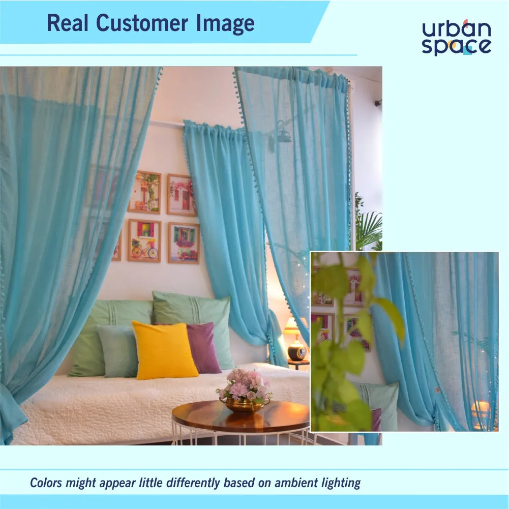 Sheer Curtain for Living Room with linen texture, Net Curtain for balcony, Pack of 2 Curtains - Aqua Blue with pom pom