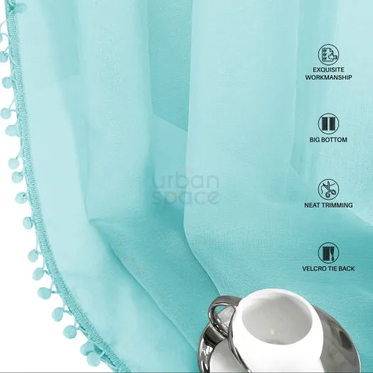 Sheer Curtain for Living Room with linen texture, Net Curtain for balcony, Pack of 2 Curtains - Aqua Blue with pom pom