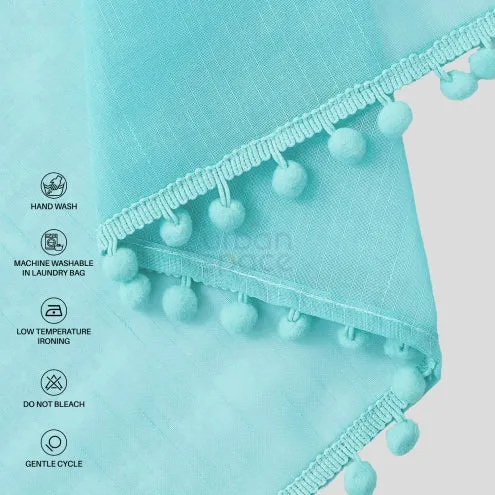 Sheer Curtain for Living Room with linen texture, Net Curtain for balcony, Pack of 2 Curtains - Aqua Blue with pom pom