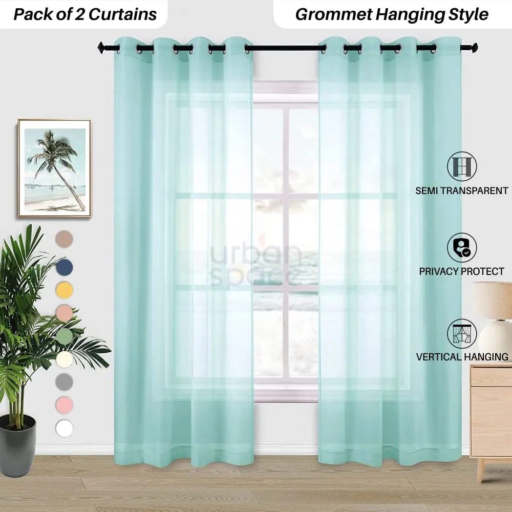 Sheer Curtain for Living Room with linen texture, Net Curtain for balcony, Pack of 2 Curtains -  Aqua Blue