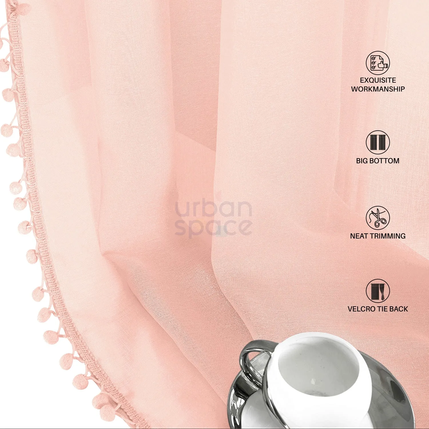 Sheer Curtain for Living Room with linen texture, Net Curtain for balcony, Pack of 2 Curtains - Blush Pink with pom pom